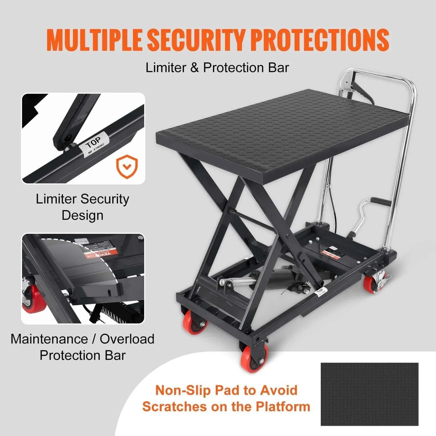 Hydraulic Lift Table Cart 500 Lb Capacity With 28.5 Inch Lift And Four PU Wheels for Safe Material Handling featuring security protections.