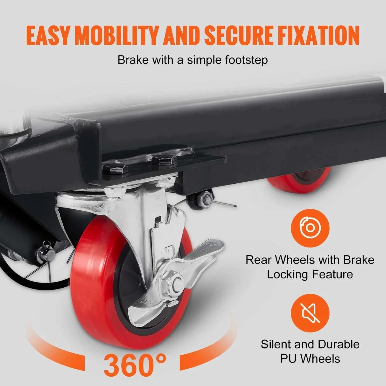 Close-up of rear wheel with brake on Hydraulic Lift Table Cart 500 lb capacity with 28.5 inch lift and four PU wheels for safe handling.