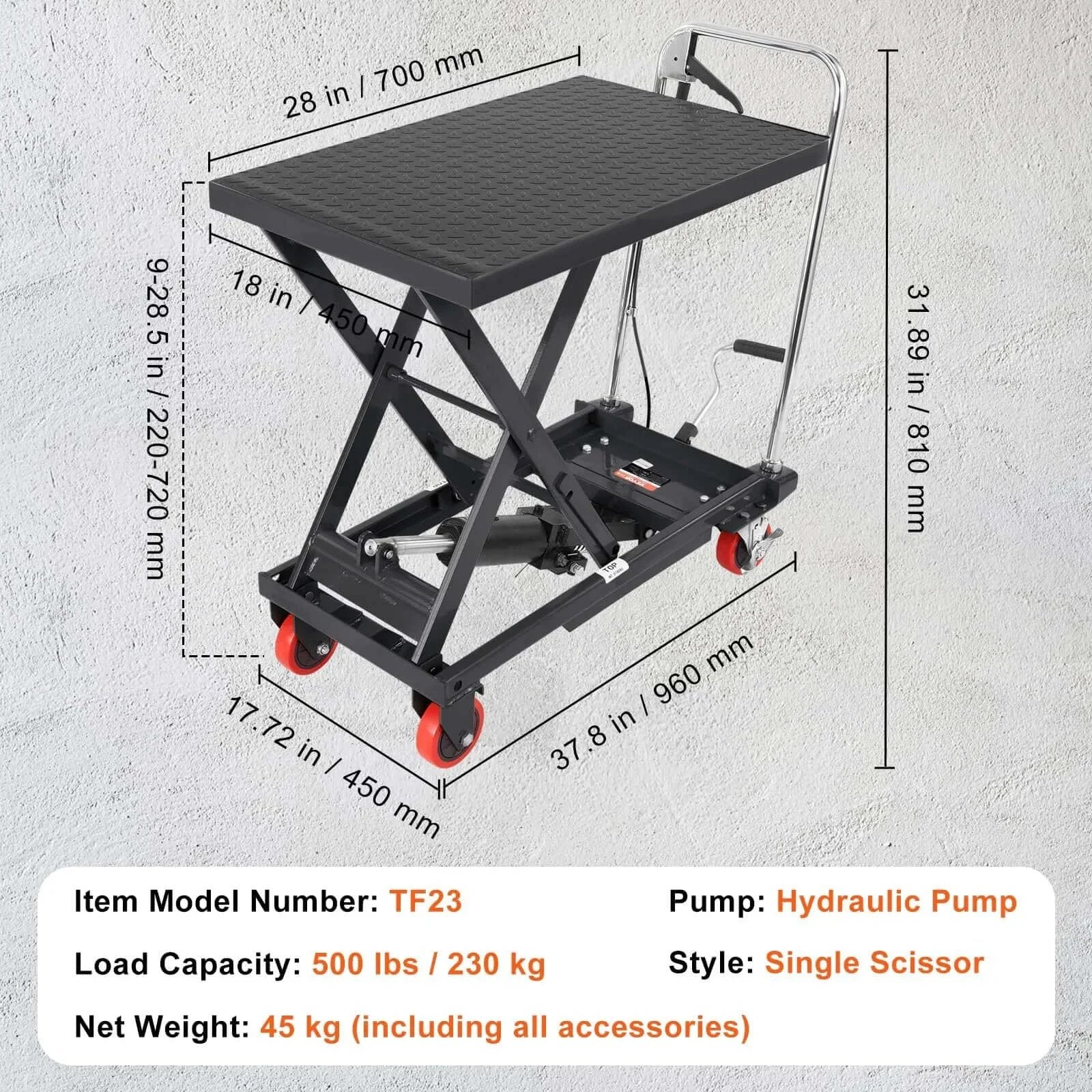 Hydraulic Lift Table Cart 500 Lb Capacity With 28.5 Inch Lift And Four PU Wheels, steel frame on concrete floor