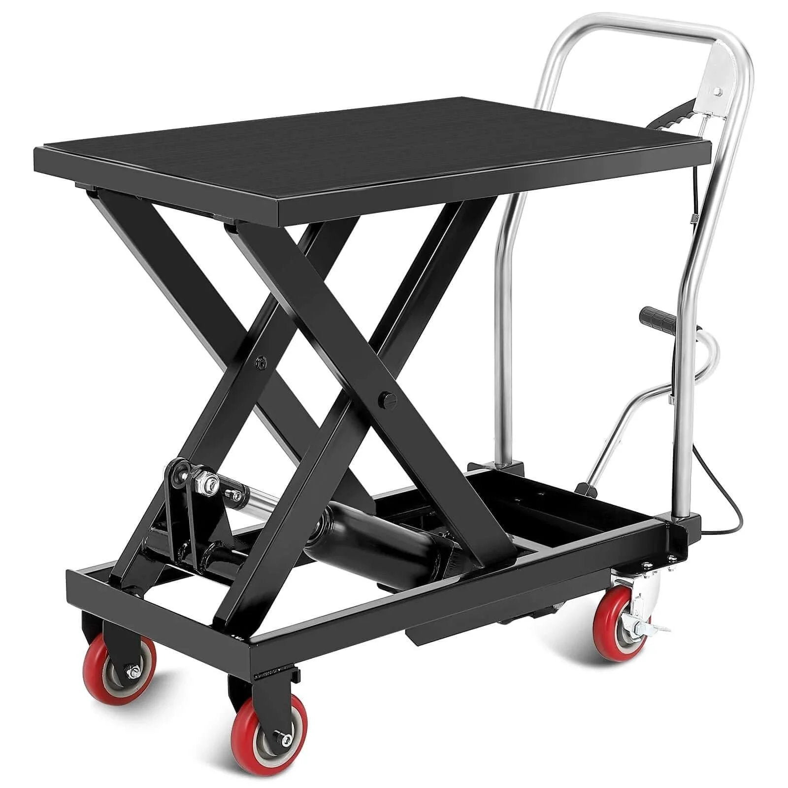 Hydraulic Lift Table Cart With Four Wheels 330 Lb Capacity, Steel Frame Adjustable Height 11 to 28.5 Inches for Warehouse