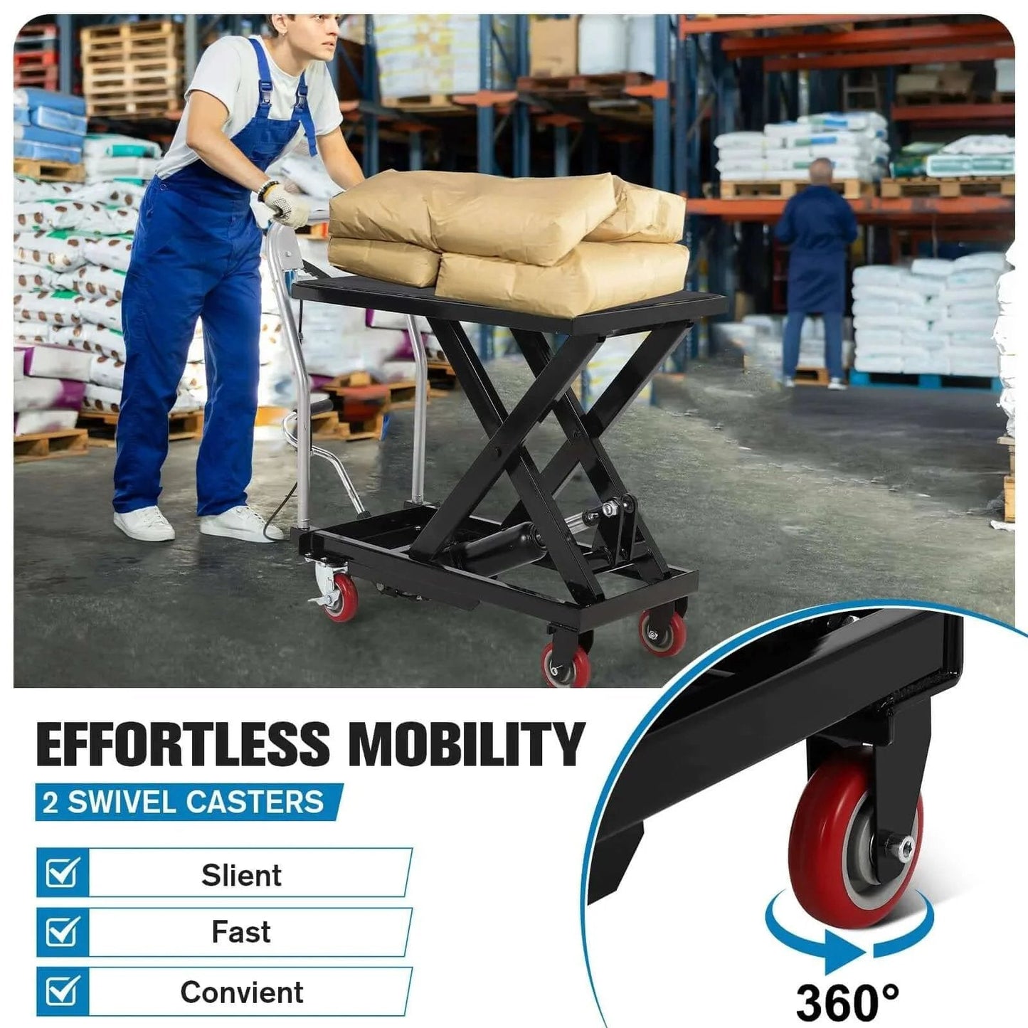 Warehouse worker using Hydraulic Lift Table Cart With Four Wheels 330 Lb Capacity Adjustable Height 11 To 28.5 Inches Steel Frame