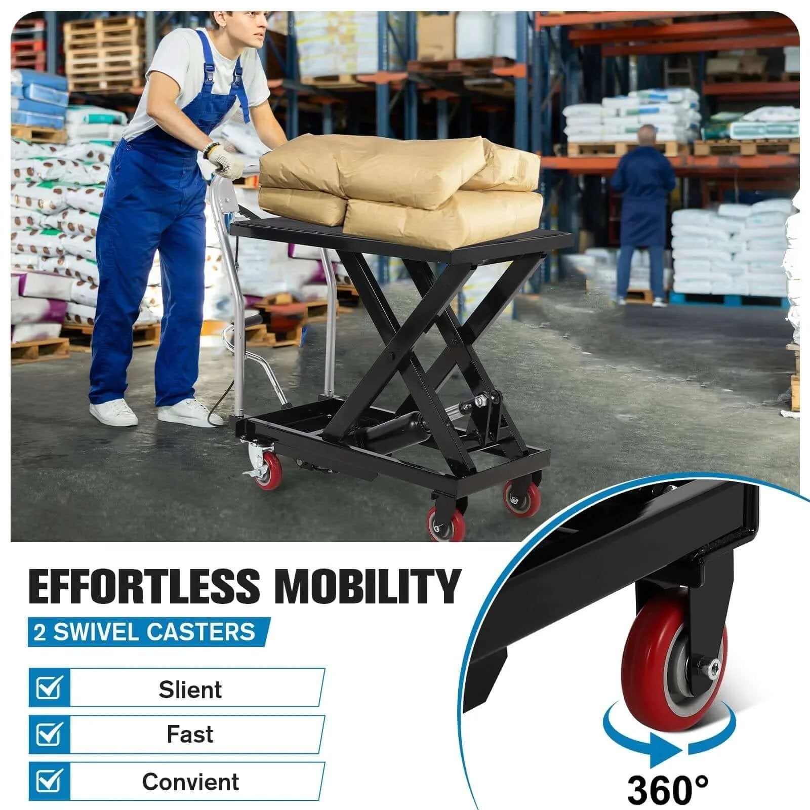Warehouse worker using Hydraulic Lift Table Cart With Four Wheels 330 Lb Capacity Adjustable Height 11 To 28.5 Inches Steel Frame