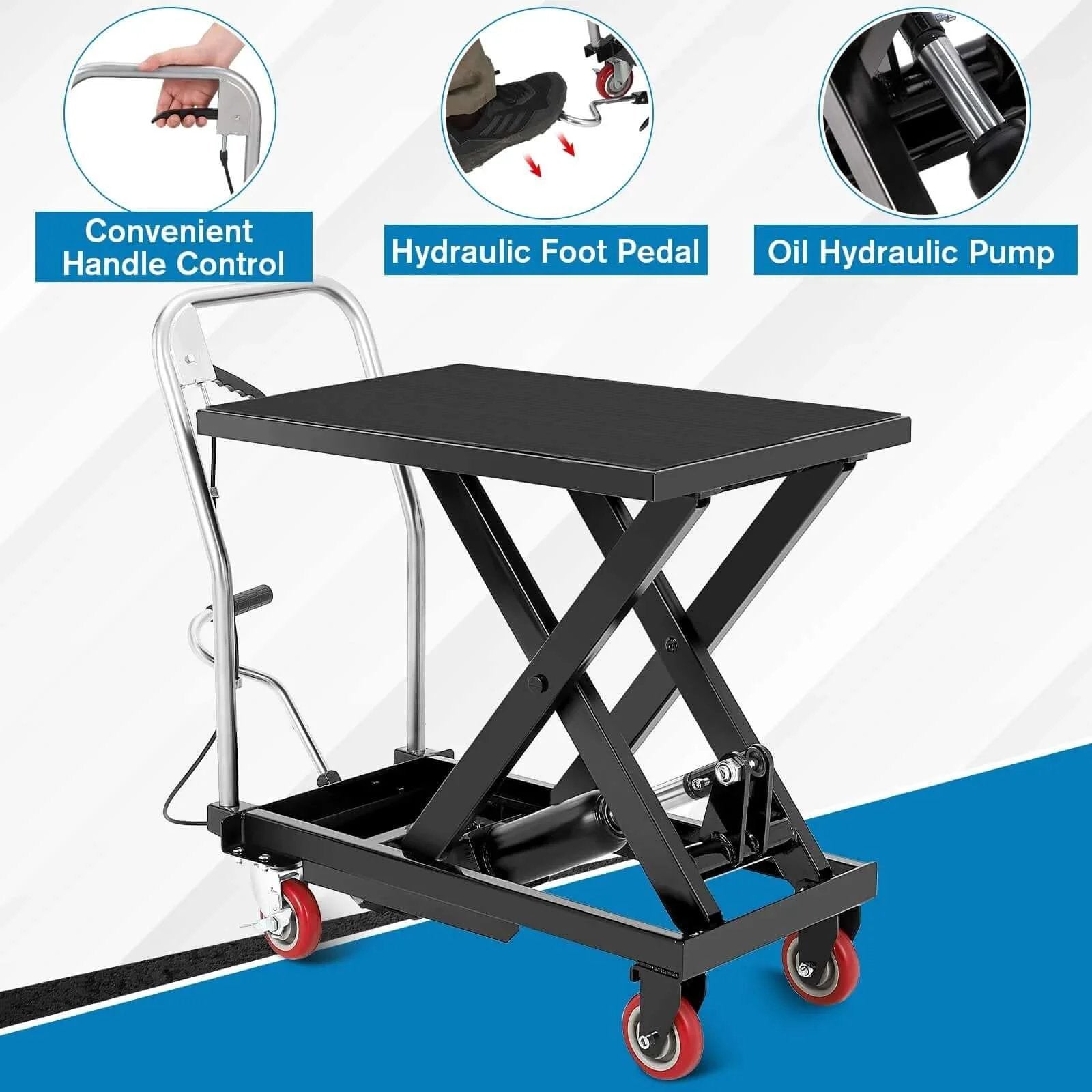 Hydraulic Lift Table Cart With Four Wheels 330 Lb Capacity Adjustable Height 11 To 28.5 Inches Steel Frame For Warehouse, side view