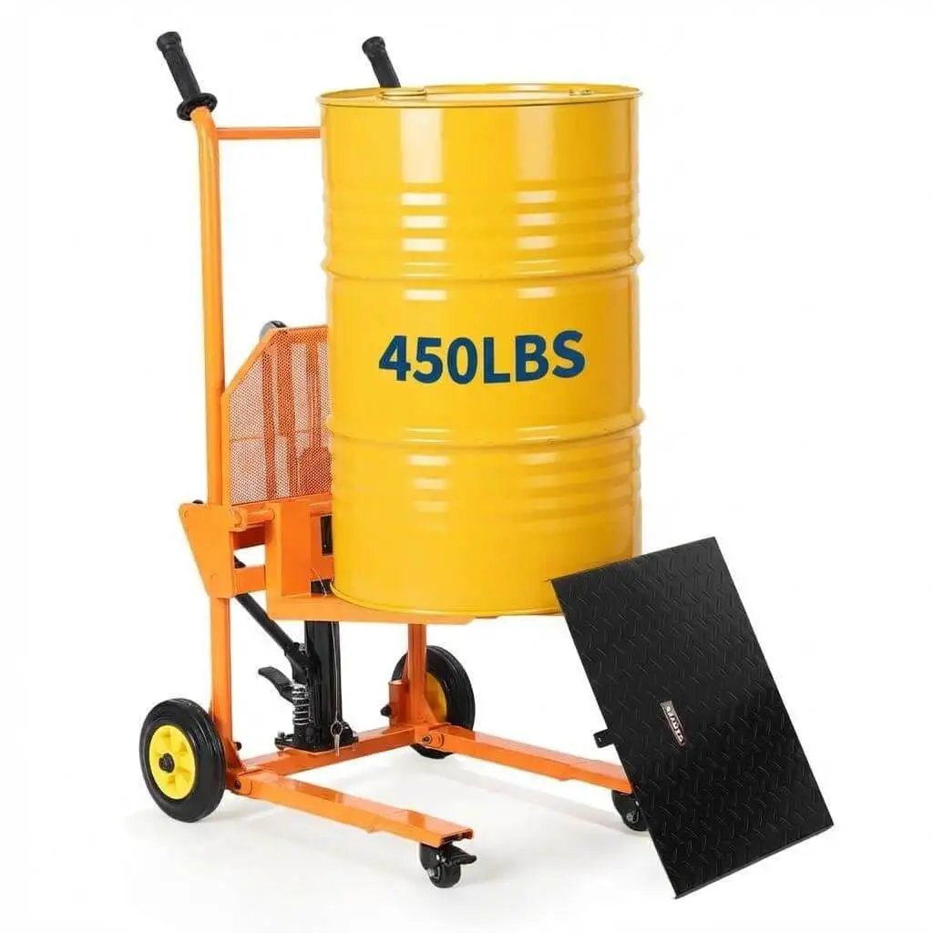 Hydraulic Material Lift With Removable Work Platform Pallet Truck Dolly A Real Workhorse Heavy Duty Winch Stacker With 450 Lb Capacity And 36 Inch Lift Adjustable Forks For Various Pallet Sizes Industrial Warehouse Lifting Solution with yellow drum.