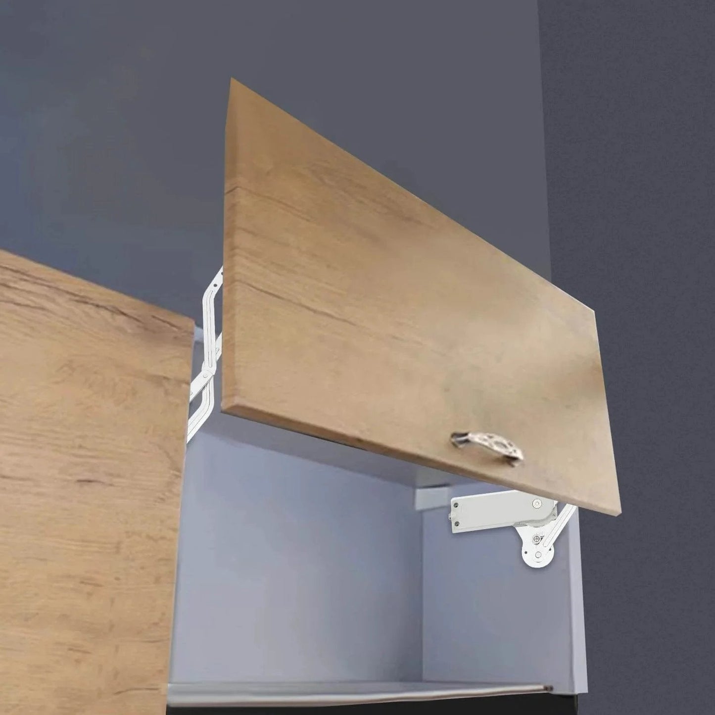 Hydraulic Buffer Cabinet Door Hinges installed on wooden cabinet, vertical swing lift up, 7.72-8.82lbs capacity, cabinet, closet, wardrobe use