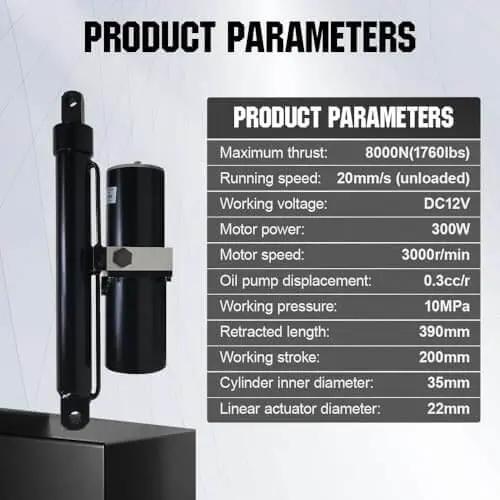Workhorse Heavy Duty Hydraulic Linear Actuator With 8000N Push Force 12V DC Motor 12 Inch Stroke IP65 Protection specs