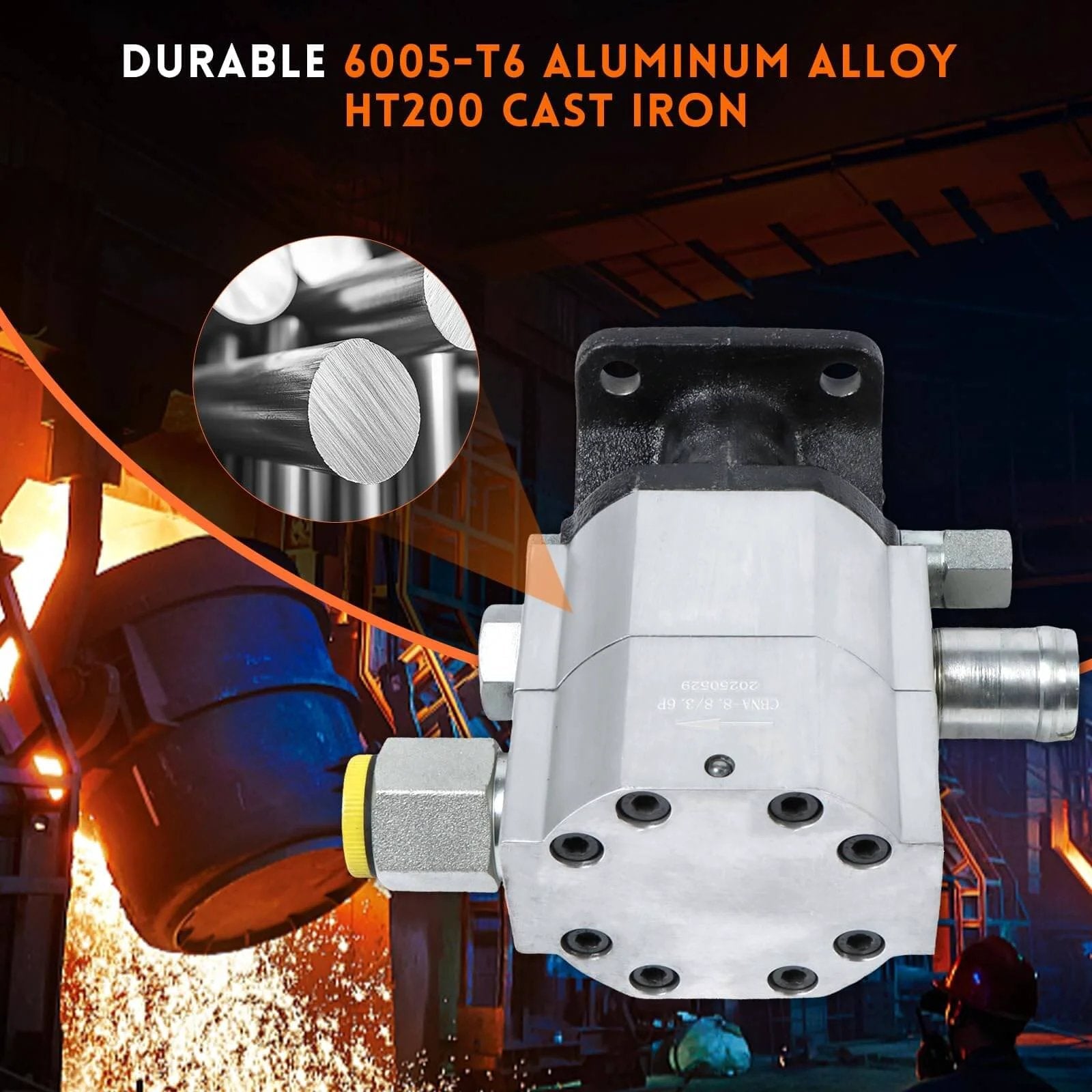 PumpShark 16 GPM 2 Stage Hydraulic Log Splitter Pump with 4000PSI, 3600RPM, 1/2” NPT Outlet, close-up view with metal components