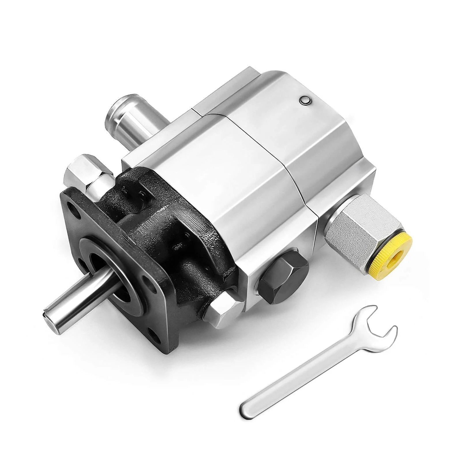 11GPM 2 Stage 3000PSI Hydraulic Log Splitter Pump with aluminum housing and gear, shown with attached fittings and wrench