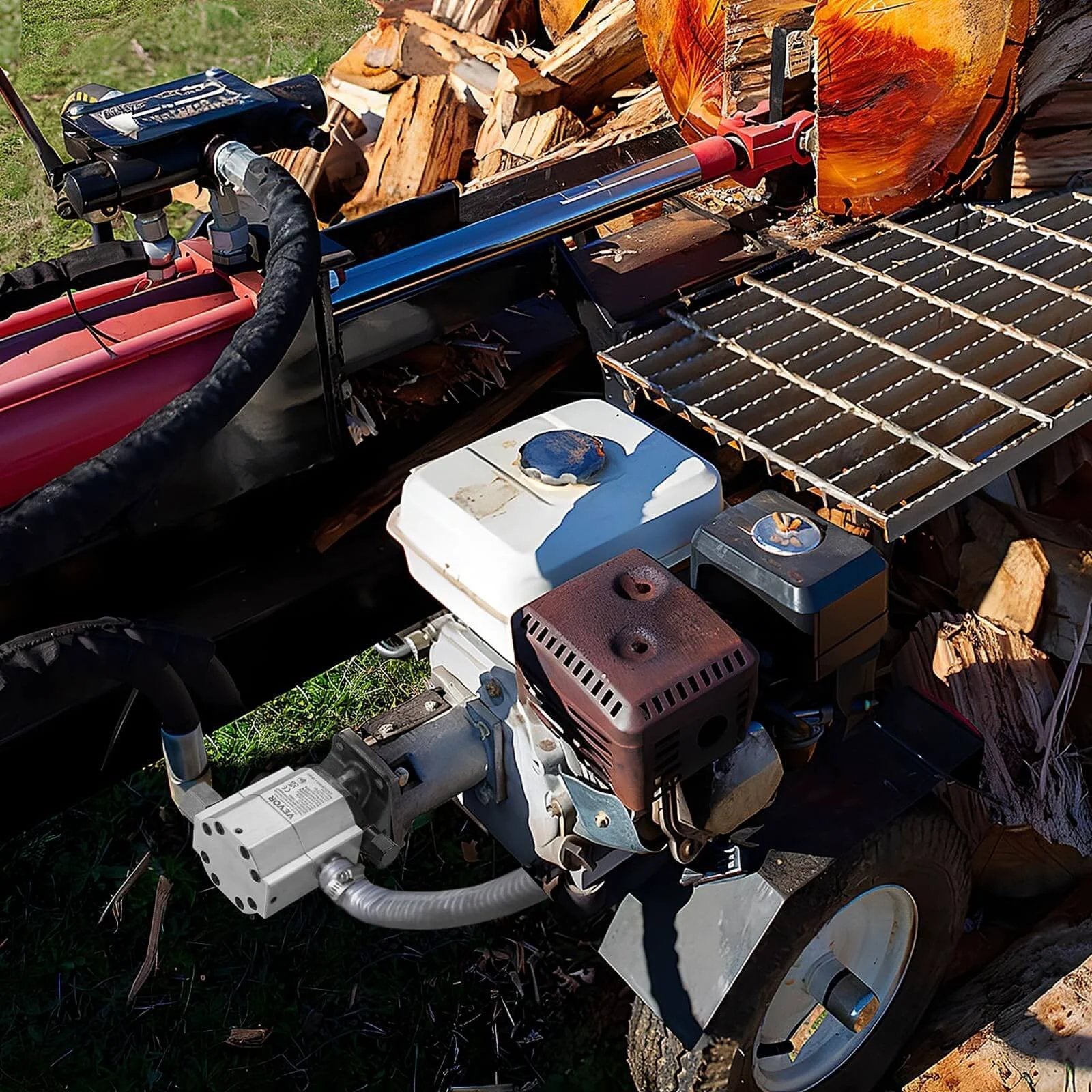 Hydraulic Wood Log Splitter Pump, 16GPM, 2 Stage 4000PSI, 1'' Inlet 1/2'' NPT Outlet, mounted on log splitter.