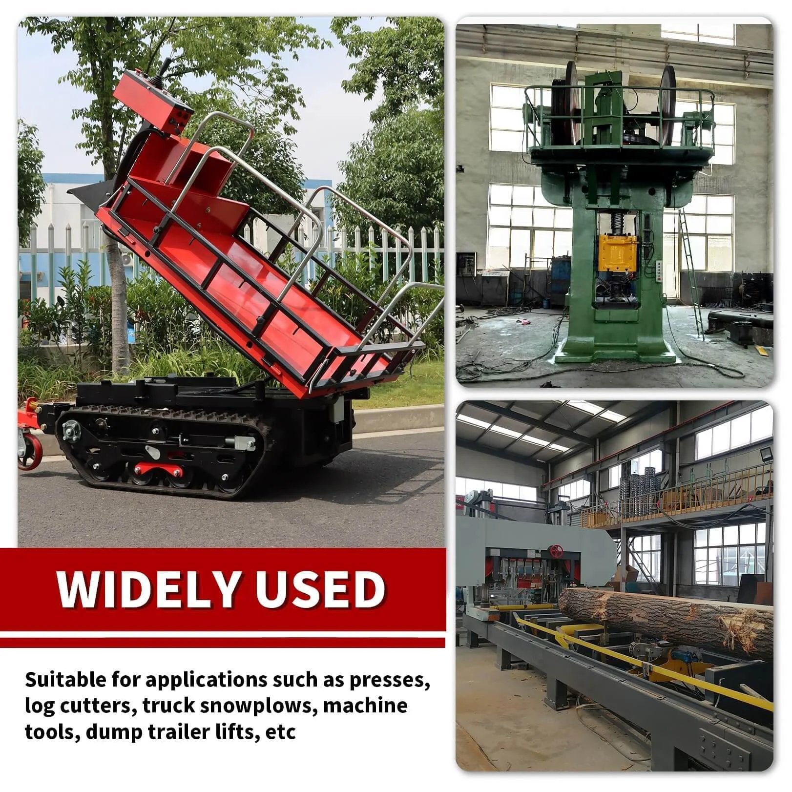 Various industrial machines and applications, including a log splitter and truck snowplow, suitable for 11GPM 2 Stage 3000PSI use.