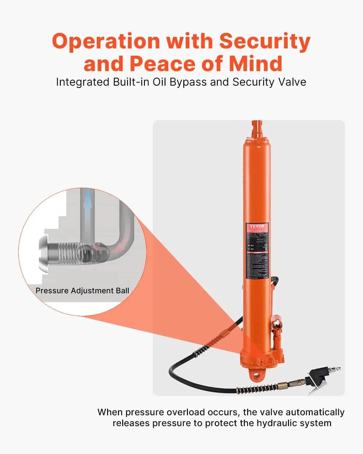 Heavy Duty 8 Ton Hydraulic Long Ram Jack For Engine Hoists With Air Pump And Clevis Base Cylinder VEVOR with pressure valve details