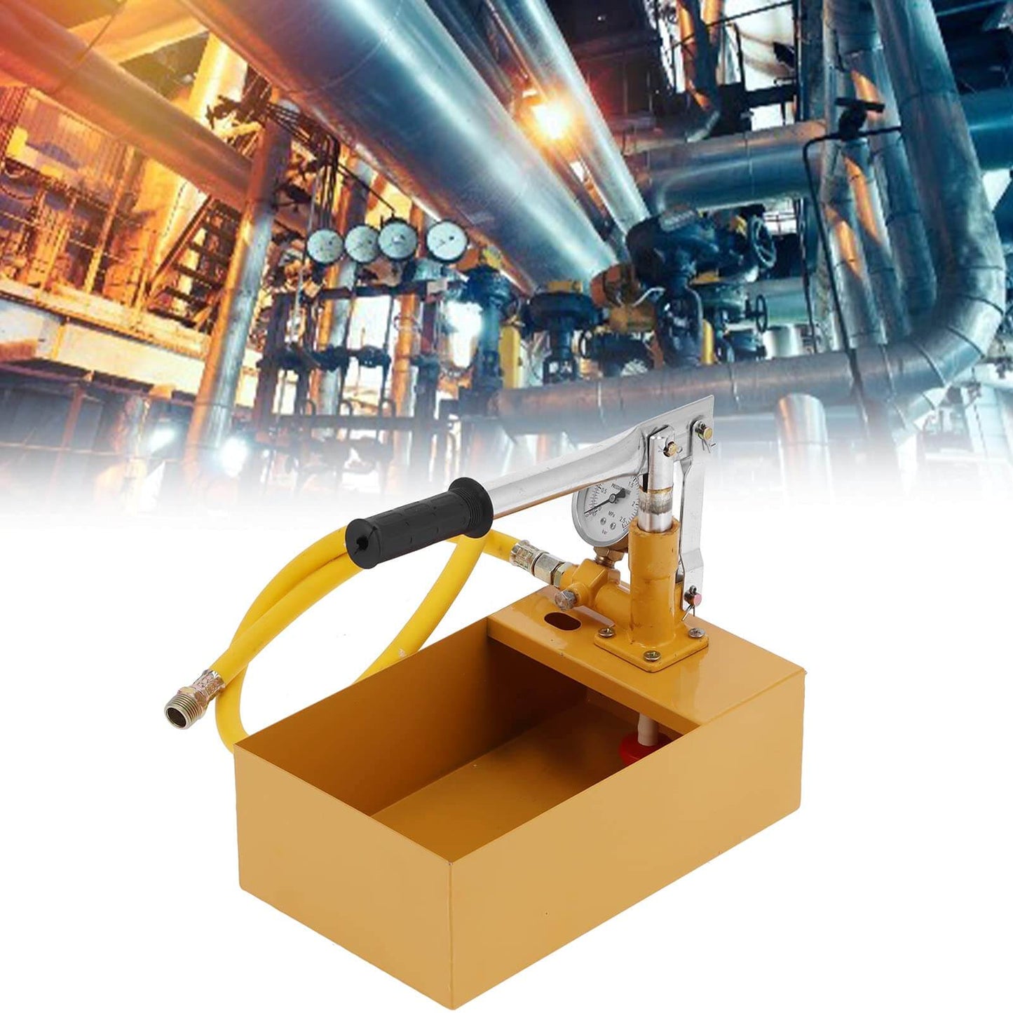 362 PSI Pressure Test Pump, Hydraulic Manual Water Pressure Tester Kit with gauge, shown against industrial pipeline backdrop.
