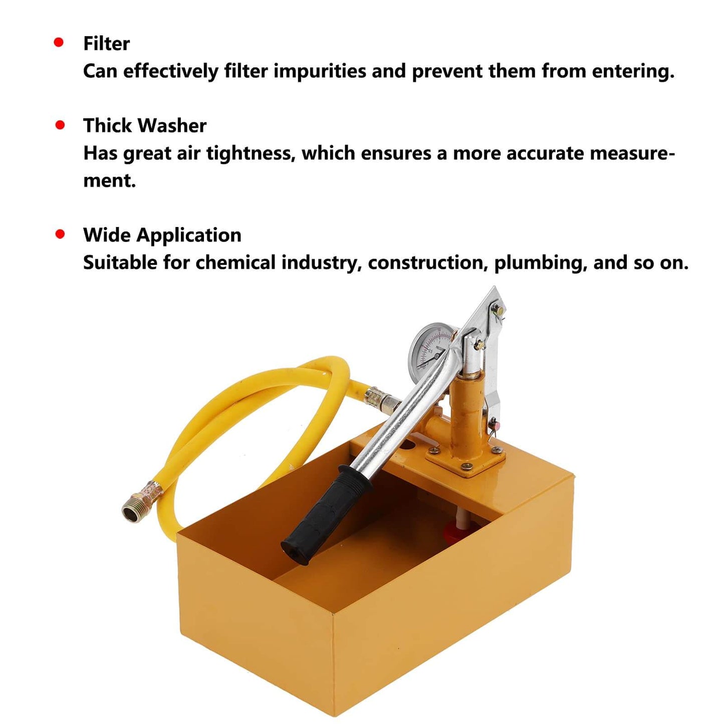 362 PSI Pressure Test Pump, Hydraulic Manual Water Pressure Tester Kit with hose and filter on display, brass body, ergonomic handle