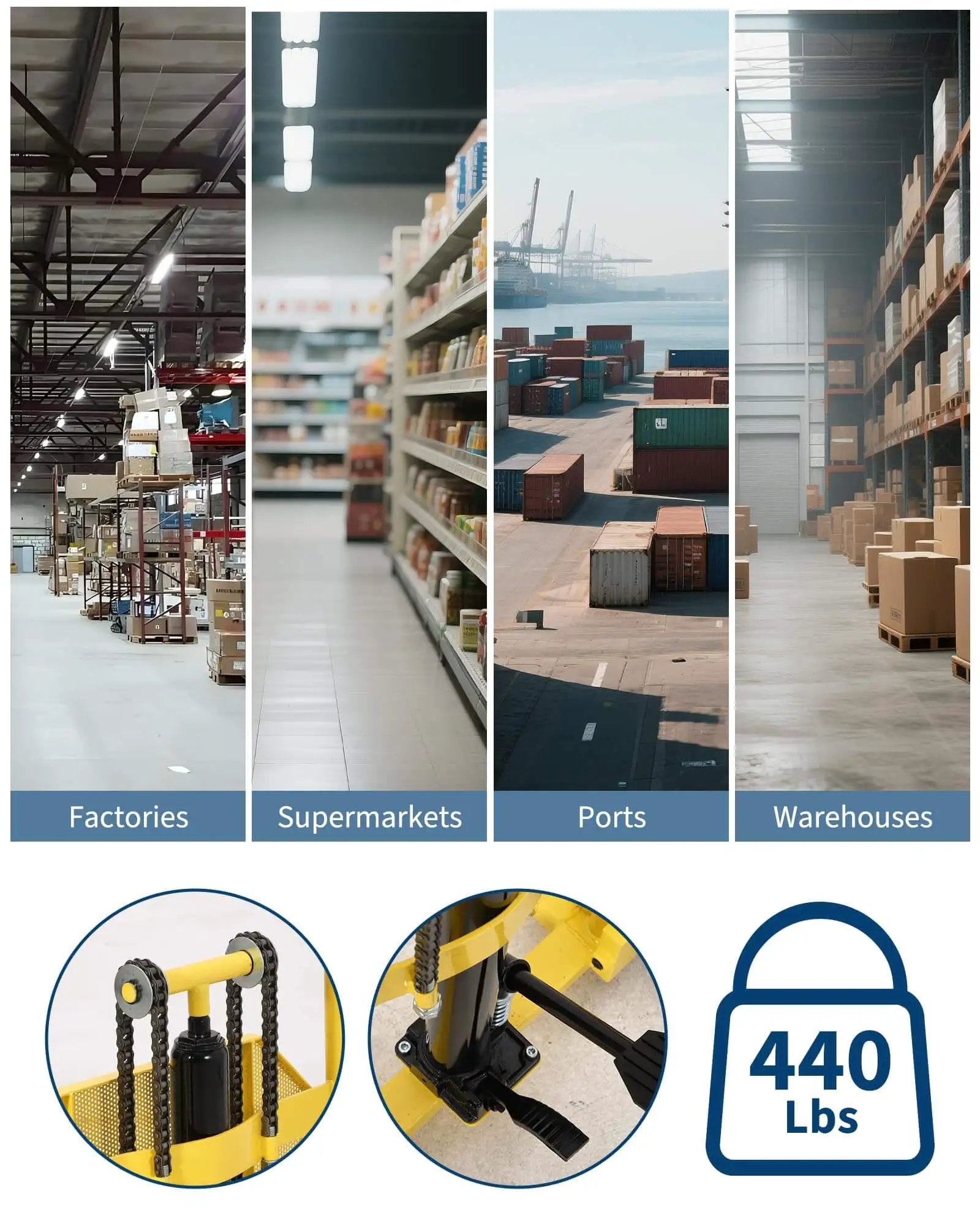 Heavy Duty Hydraulic Material Lift With 440 Lb Capacity Pallet Truck Dolly And Lift Table shown in various settings: factories, supermarkets, ports, warehouses.
