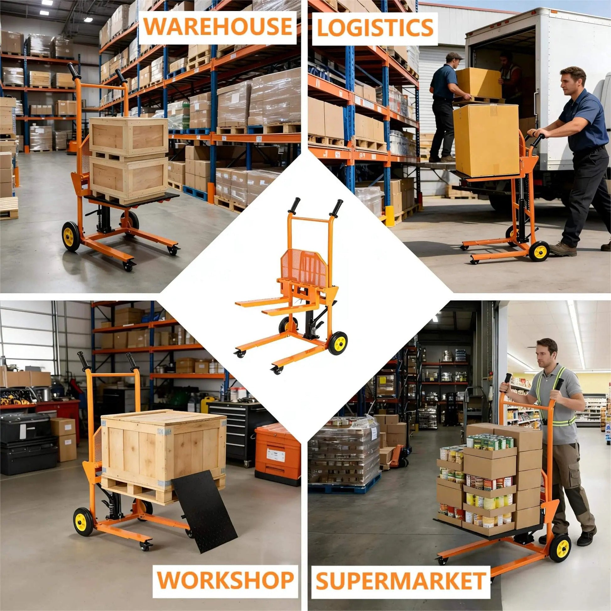 Collage of Workhorse Heavy Duty Hydraulic Material Lift With Steel Platform Board 450 lb Capacity 36 inch Max Lift in various uses