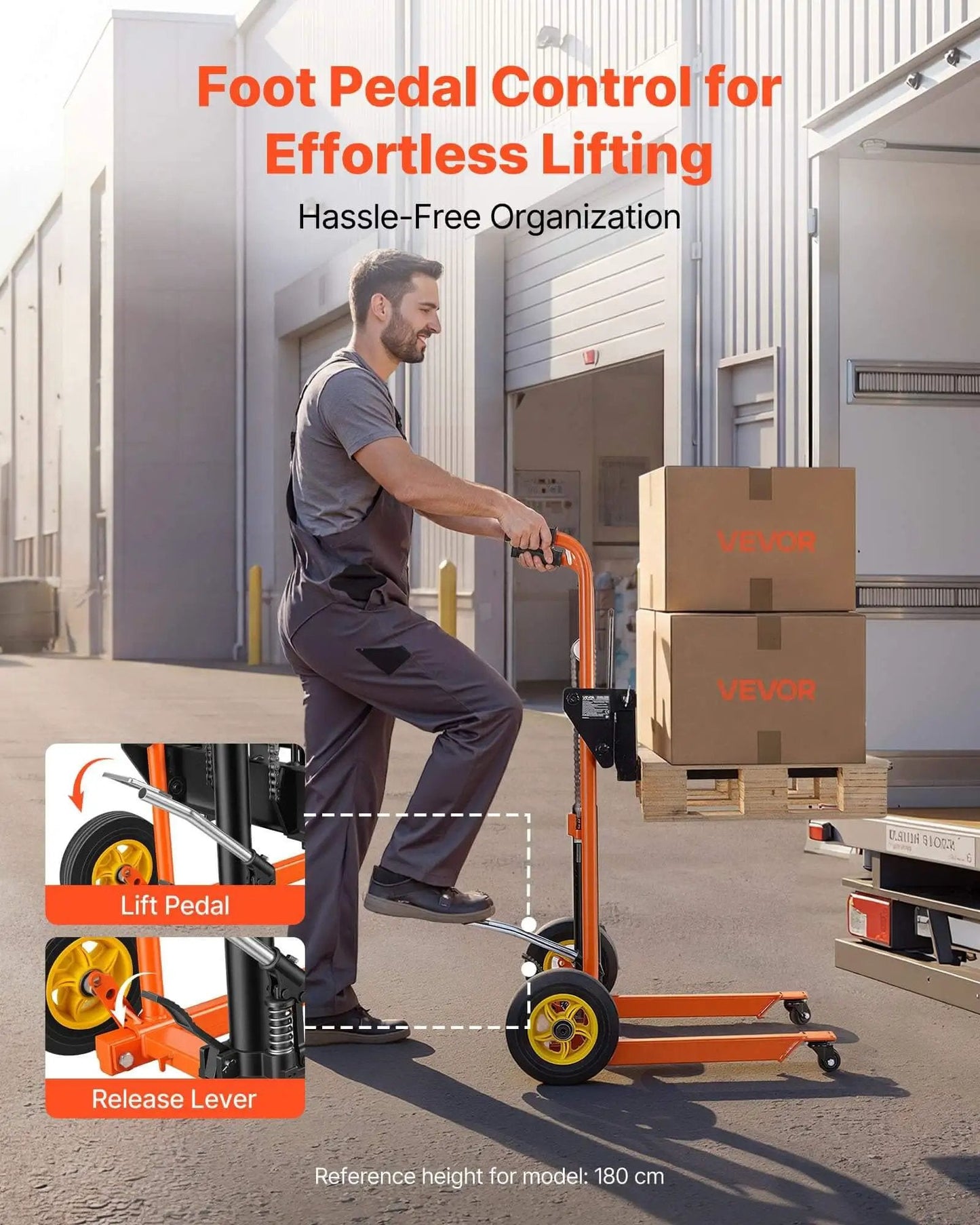 Man operating Hydraulic Material Lift Winch Stacker With 450 Lb Capacity And 35.4 Inch Lift Height in warehouse