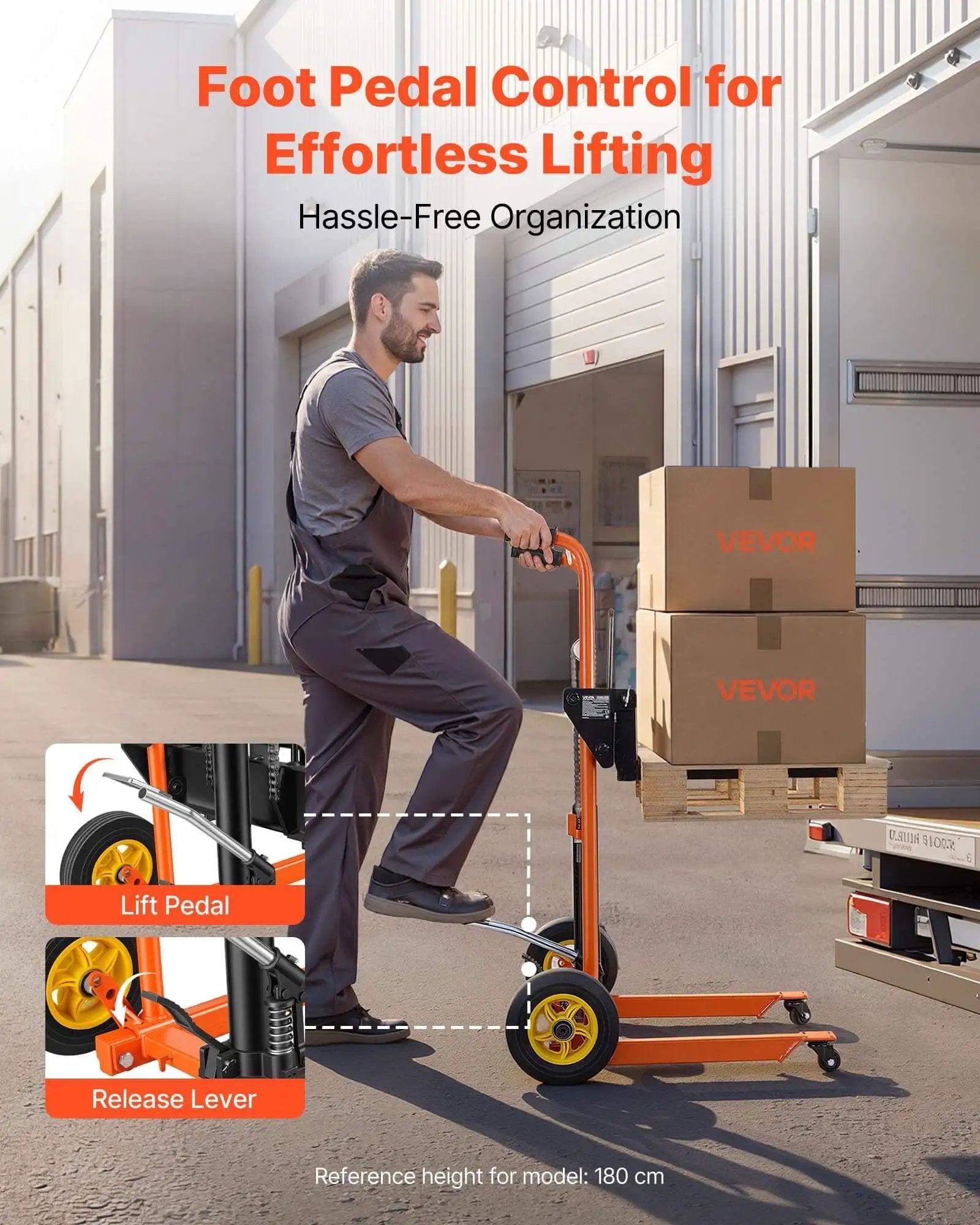 Man operating Hydraulic Material Lift Winch Stacker With 450 Lb Capacity And 35.4 Inch Lift Height in warehouse