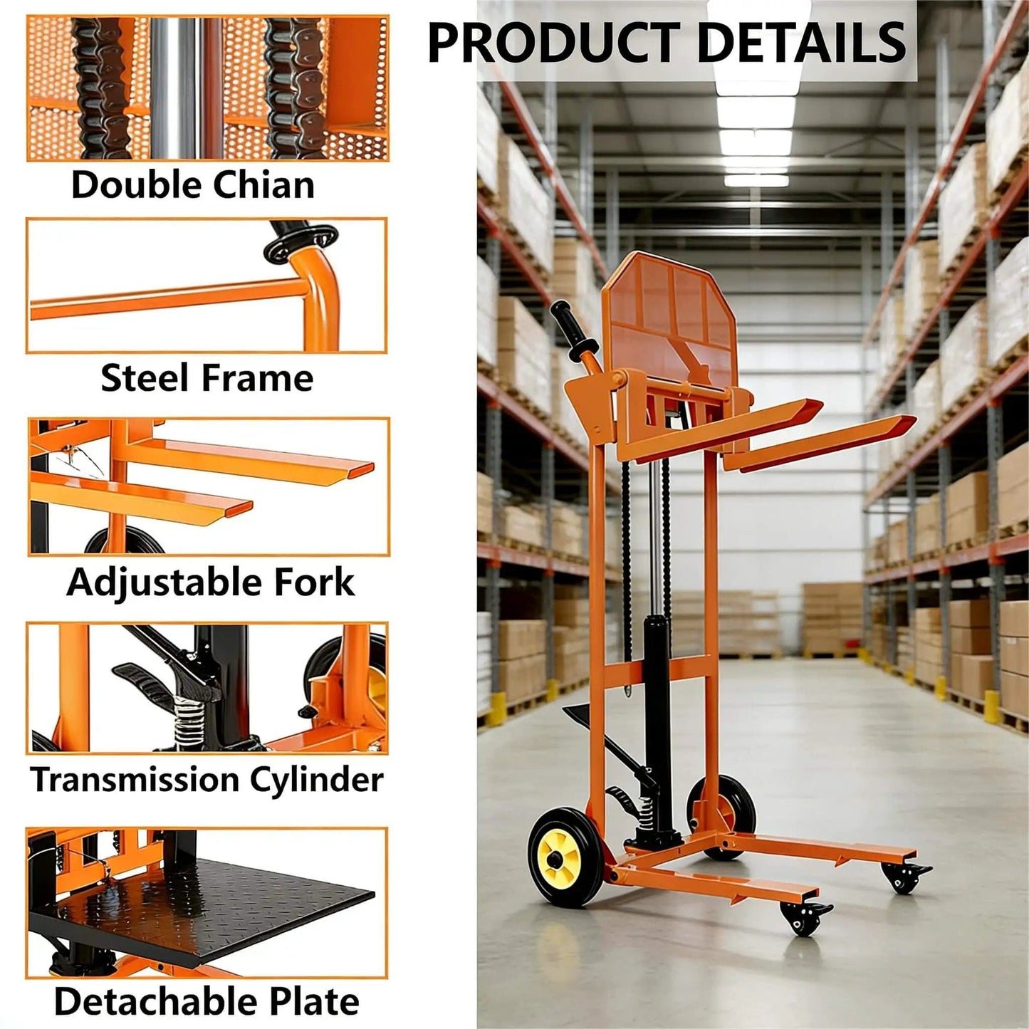 Workhorse Heavy Duty Hydraulic Material Lift With Steel Platform Board 450 Lb Capacity, product details view in warehouse.