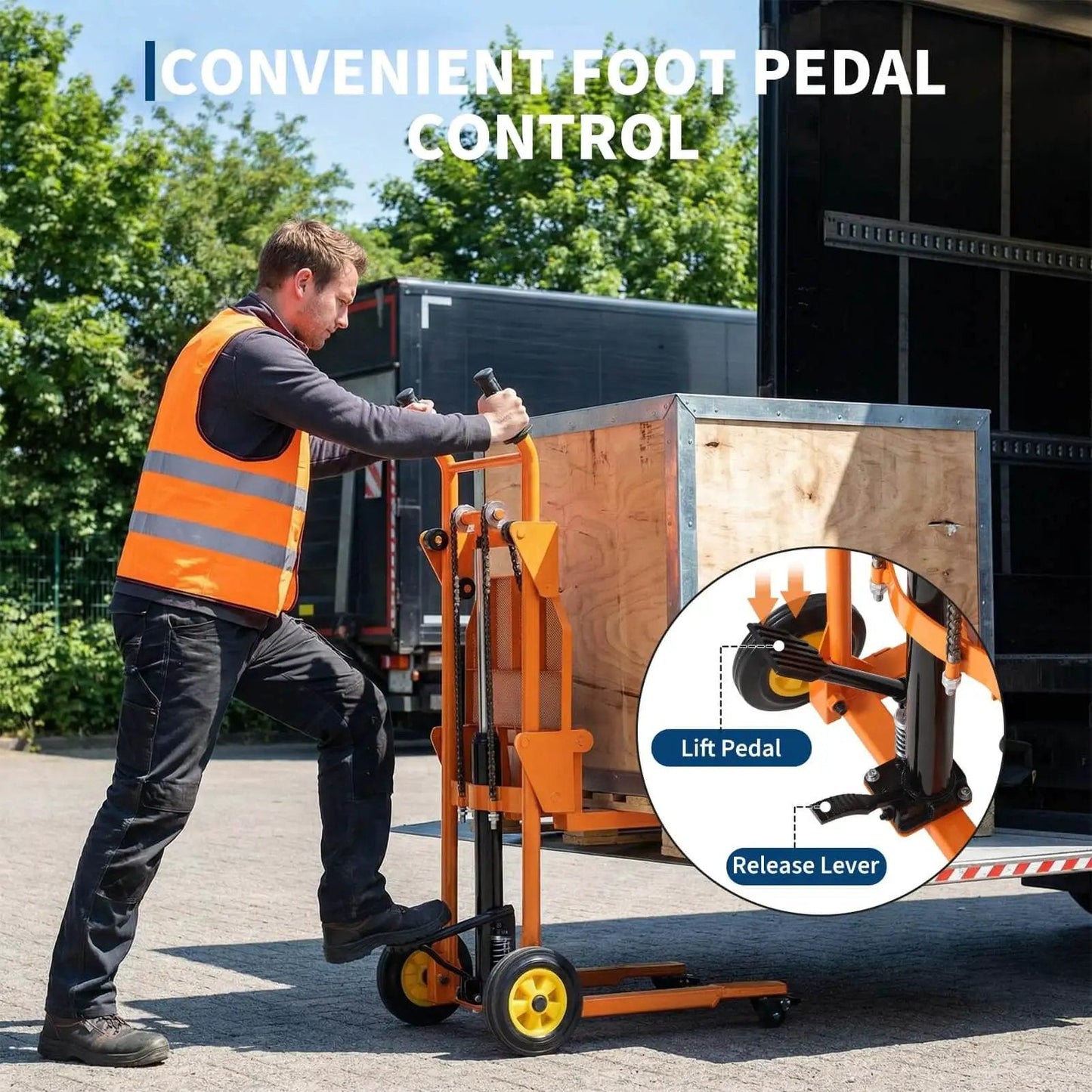 Hydraulic Material Lift With Removable Work Platform Pallet Truck Dolly A Real Workhorse Heavy Duty Winch Stacker With 450 Lb Capacity in use with foot pedal control shown lifting a crate.