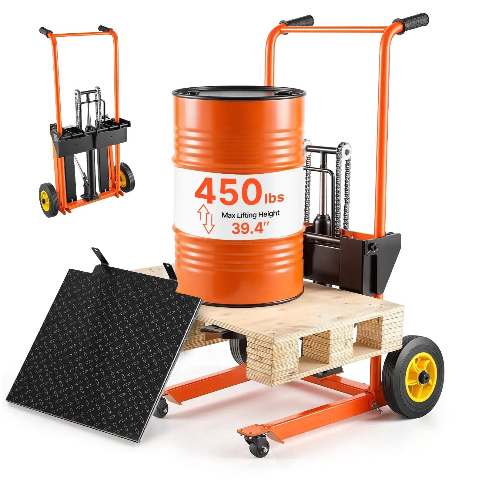 Heavy Duty Hydraulic Material Lift Stacker With 450 Lb Load Capacity And 39.4 Inch Lift Height, Foldable Portable Pallet Truck Dolly With Fork Lift Table For Home Garage Or Shop, Orange And Black