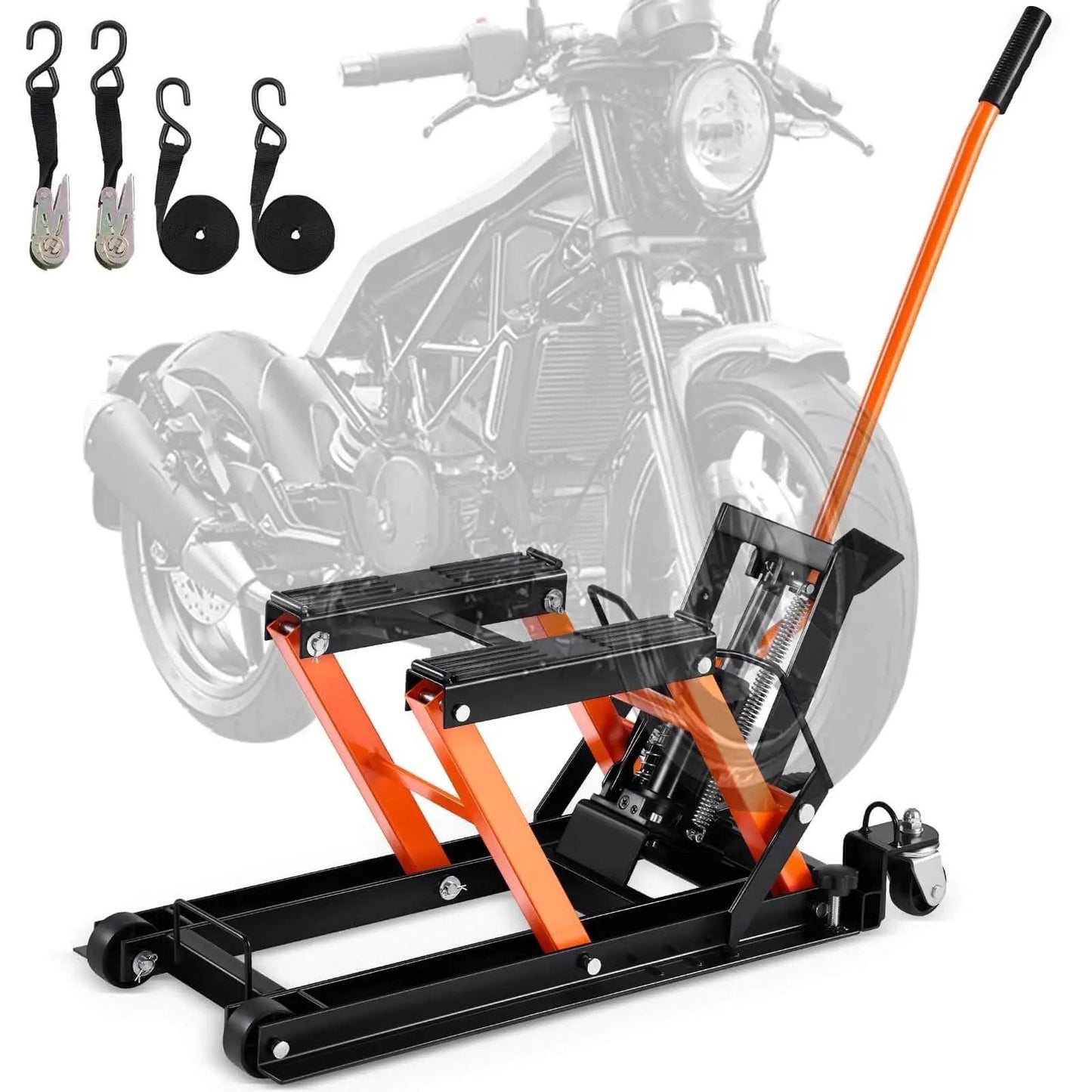 Front view of Heavy Duty Hydraulic Motorcycle Lift Jack With 1500 Lbs Capacity For Motorcycles ATVs UTVs Portable Scissor Lift Table On Wheels For Easy Maintenance And Cleaning By VEVOR, shown with straps and a motorcycle in background
