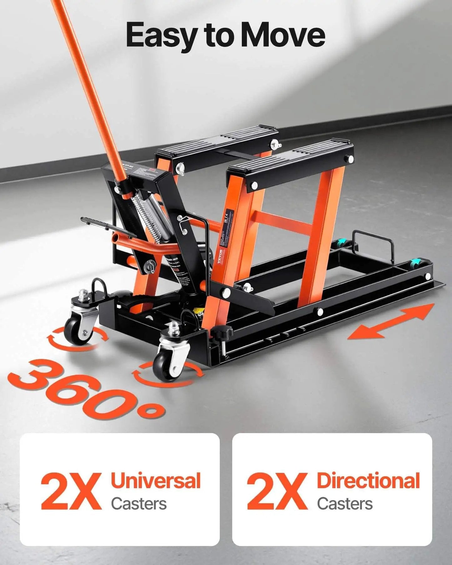 Heavy Duty Hydraulic Motorcycle Lift Jack With 1500 Lbs Capacity For Motorcycles ATVs UTVs Portable Scissor Lift Table On Wheels For Easy Maintenance And Cleaning By VEVOR shown with orange accents and universal casters.