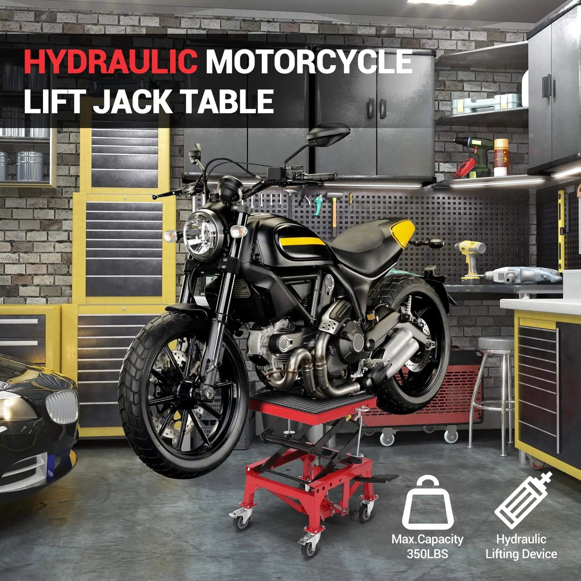 Foot Operated Hydraulic Motorcycle Lift Jack With 350 Lb Capacity, Wide Deck And Locking Wheels, Safe Scissor Lift For Motorcycle, Red in garage