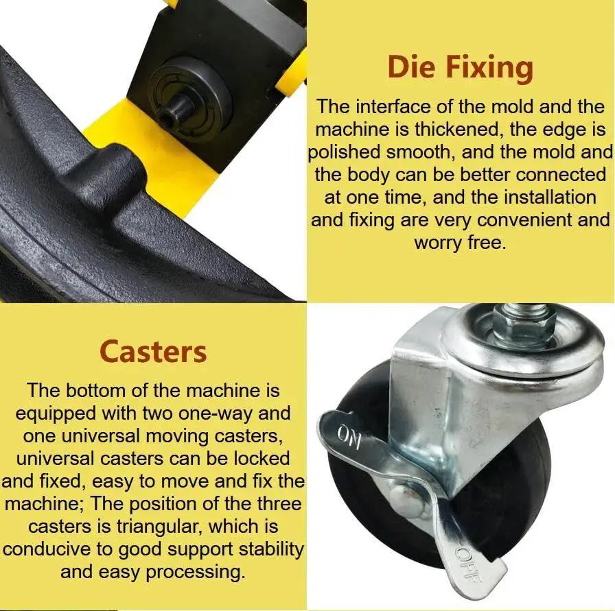 Close-up of die fixing and caster wheel on Electro Hydraulic Pipe Bender Machine For Round Tubes Up To 4.49 Inch Outer Diameter.