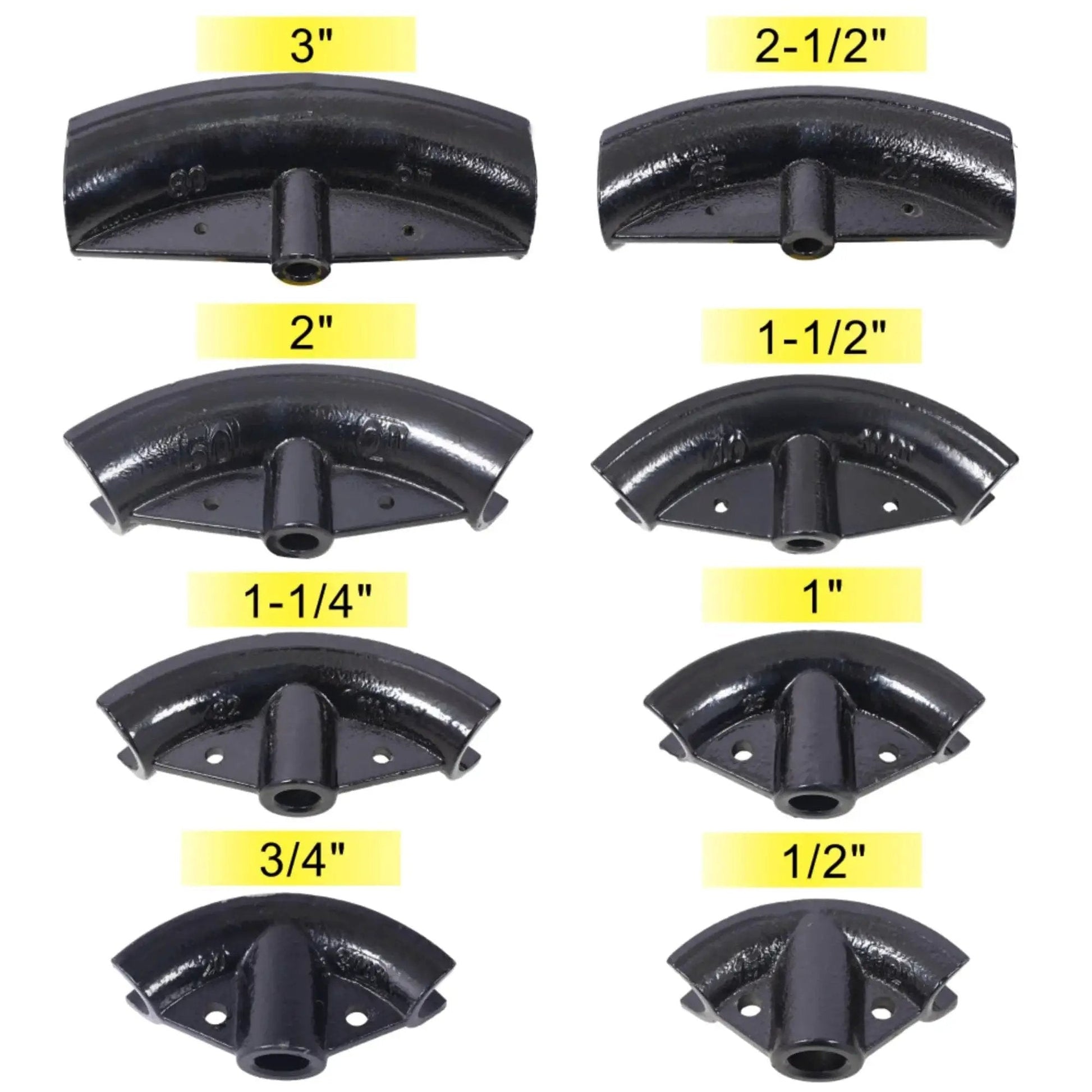 Eight dies for 16 Ton Manual Hydraulic Pipe Bender with sizes from one half to three inches shown in black steel.