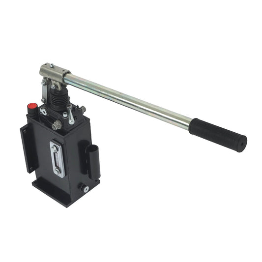 LiGuVCY Hydraulic Piston Hand Pump with Changeover Valve for Double Acting Cylinder, showing manual handle and sturdy construction.