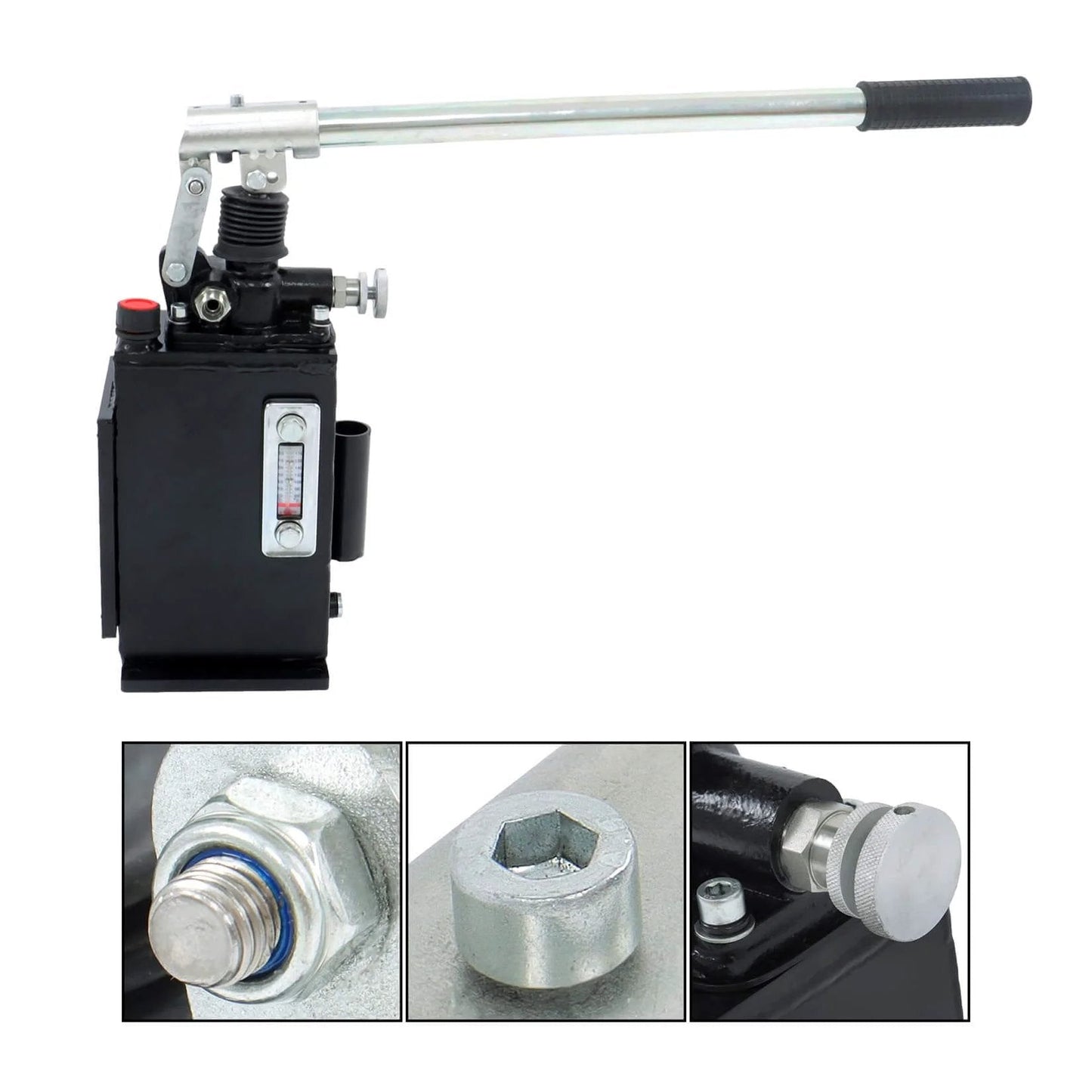 Hydraulic Piston Hand Pump 1.5 CID 3 Qts Manual Hydraulic Pump Single Acting with Release Knob, black with metal handle and gauge.