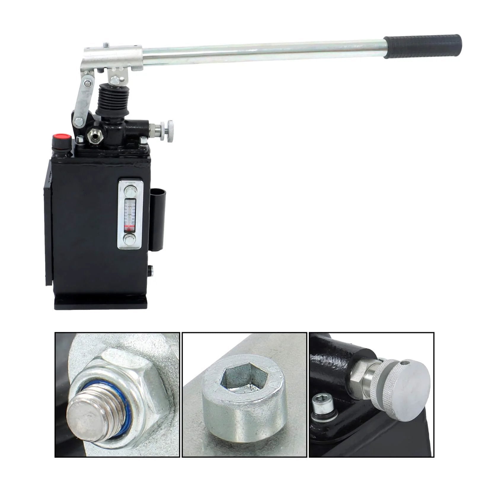 Hydraulic Piston Hand Pump 1.5 CID 3 Qts Manual Hydraulic Pump Single Acting with Release Knob, black with metal handle and gauge.