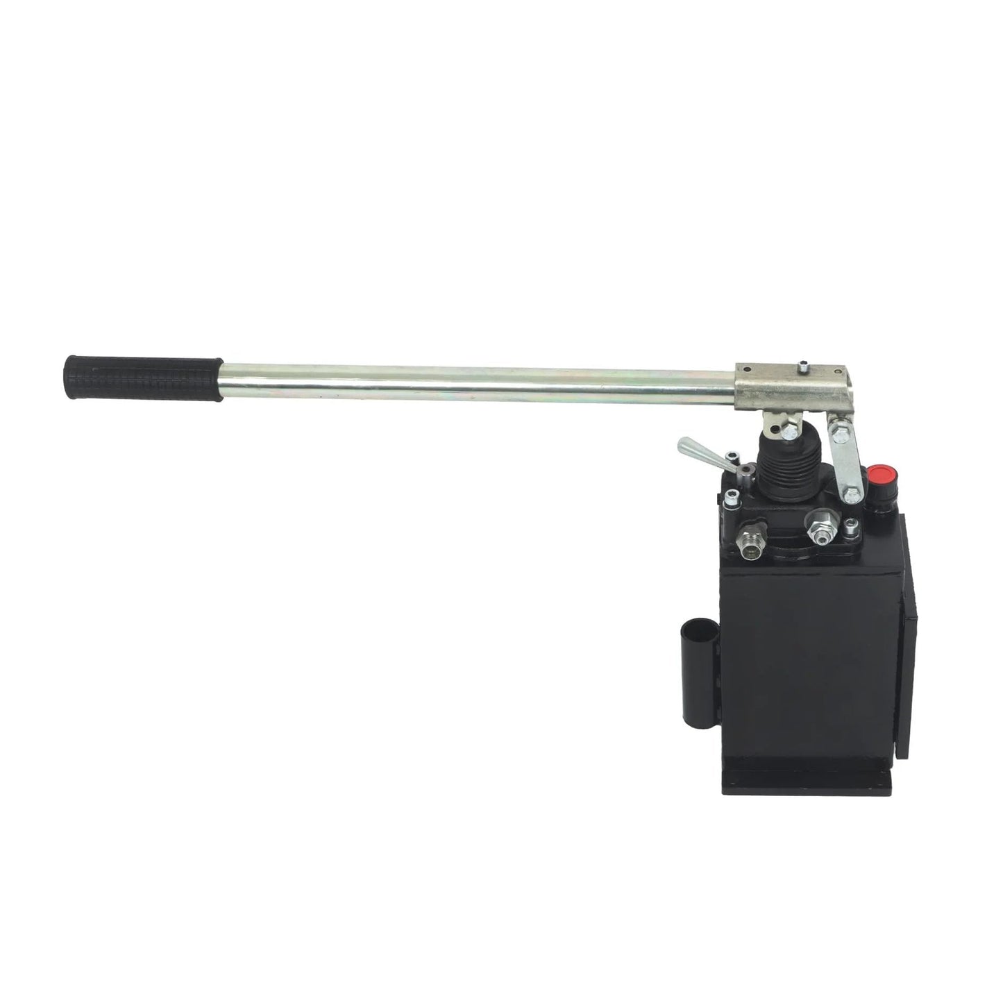 LiGuVCY Hydraulic Piston Hand Pump with Changeover Valve for Double Acting Cylinder, 1-Quart Steel Tank, side view