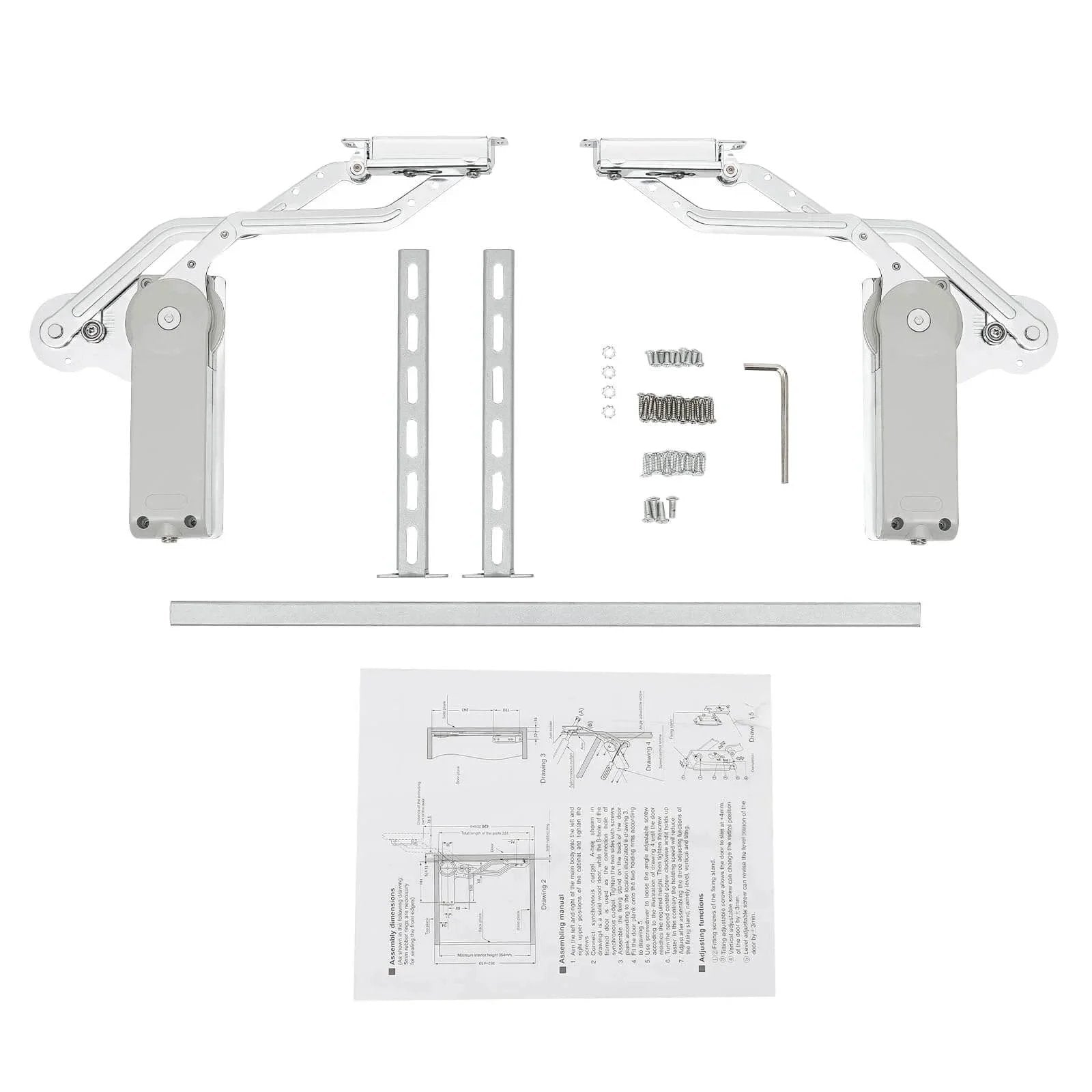 Hydraulic Buffer Cabinet Door Hinges Adjustable Mounting Hinges set with bolts, Allen key, instructions, and brackets.