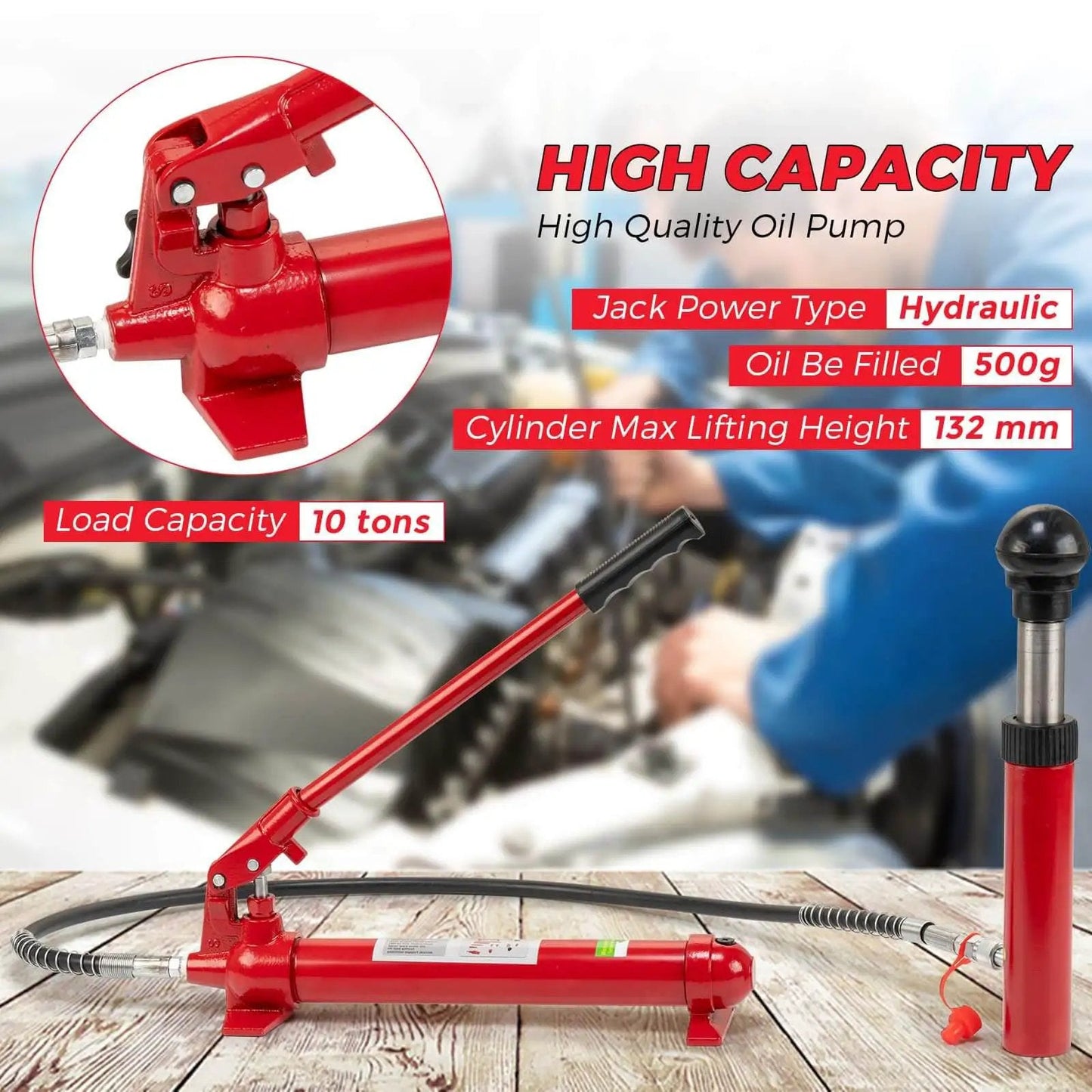 Heavy Duty 12 Ton Hydraulic Porta Power Jack Kit With 4.6 Foot Oil Hose For Auto Body Frame Repair In Garage Storage Case