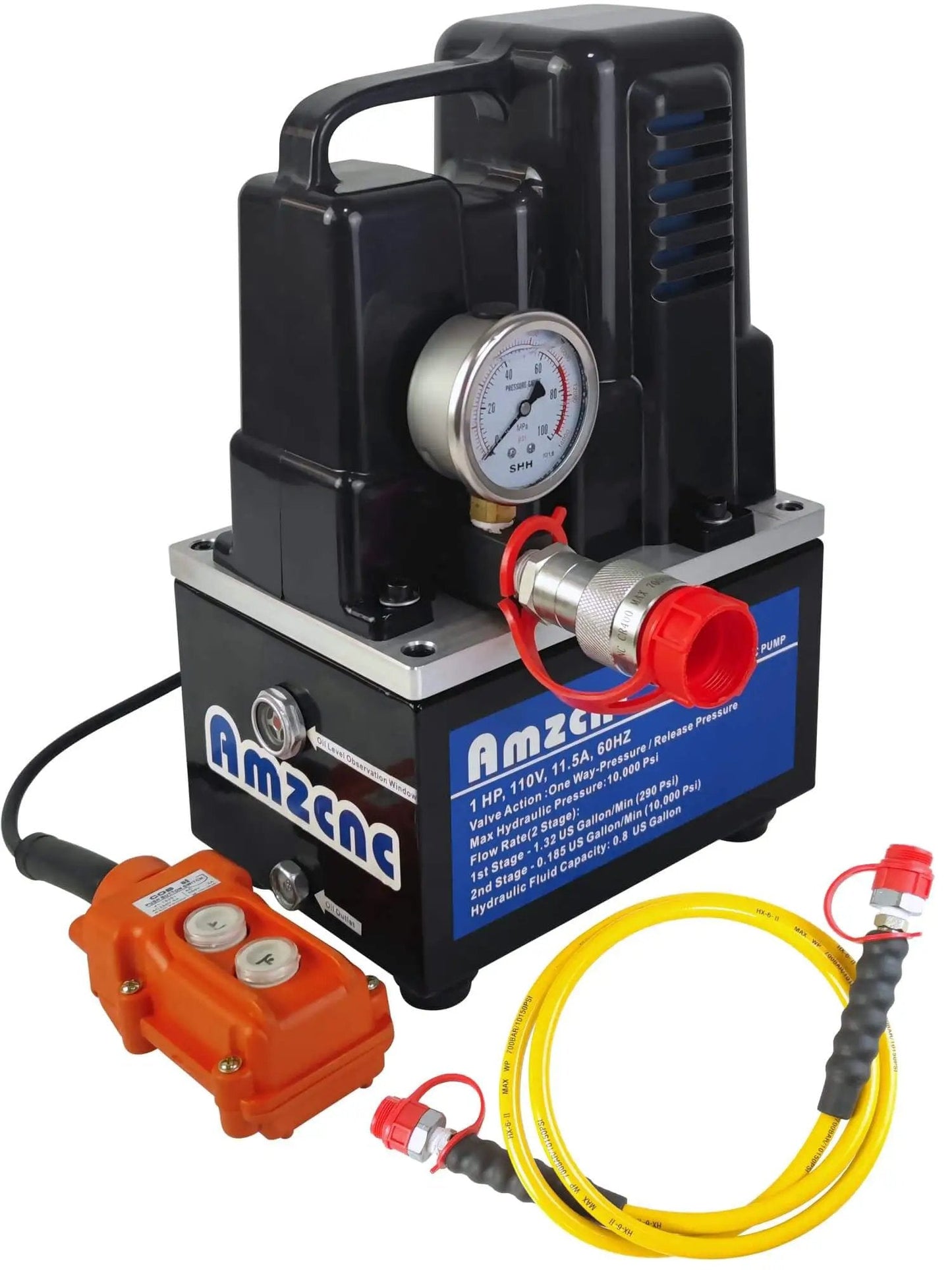 Beefy Electric Hydraulic Power Pack Two Stage Single Acting 110V 120V High Pressure Pump 10000 PSI Max One Way Mini Unit 1 HP Compact Hydraulic Power Source for Lifting and Pressing and Industrial Tooling, front view.