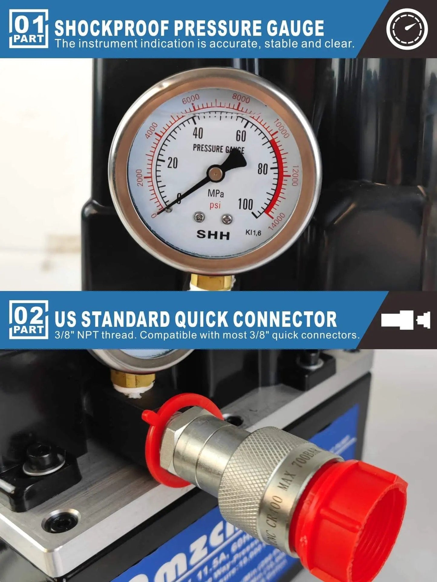 Close-up of shockproof pressure gauge and US standard quick connector on Beefy Electric Hydraulic Power Pack Two Stage Single Acting 110V 120V High Pressure Pump 10000 PSI Max One Way Mini Unit 1 HP Compact Hydraulic Power Source for Lifting and Pressing and Industrial Tooling.