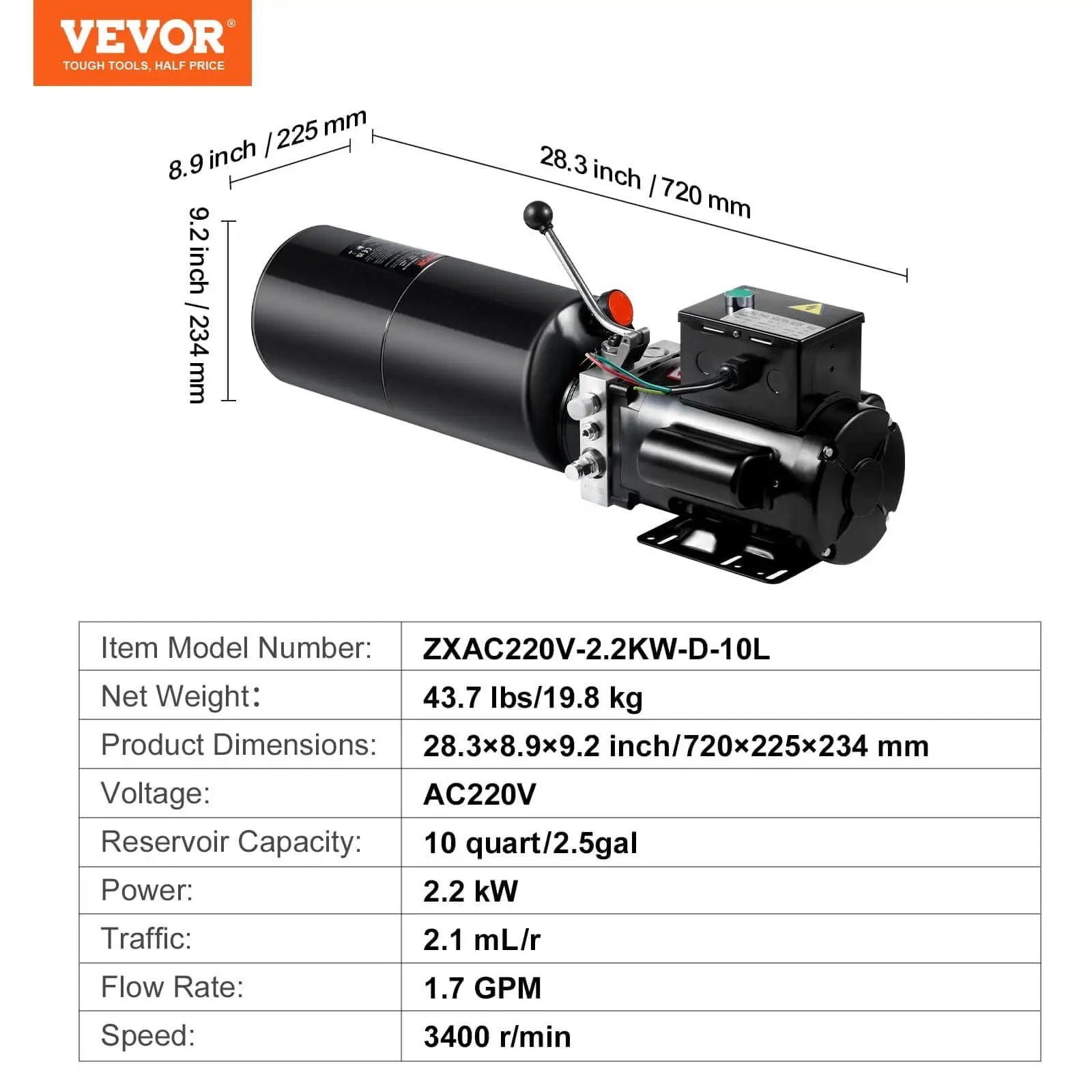 Heavy Duty 220V Hydraulic Power Unit With 10L Tank For Auto Repair And Car Lifts Single Phase 3HP Pump 2950 PSI Max Relief