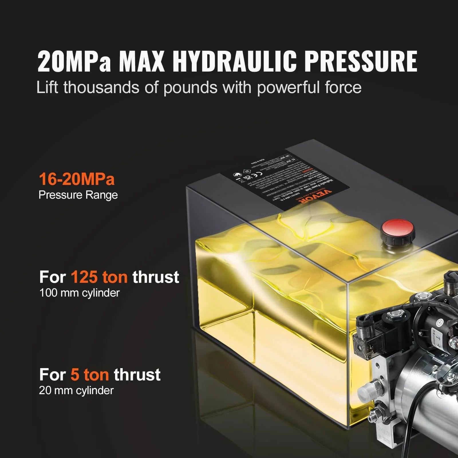 Image of 8 Quart Hydraulic Power Unit, Double Acting Dump Trailer Pump, showing tank and specifications for 125 ton thrust and 5 ton thrust.