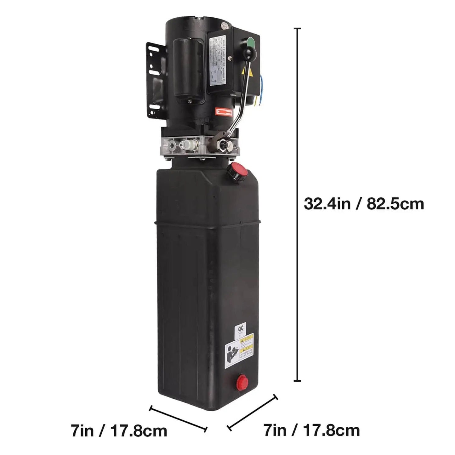 Front view of 220V Hydraulic Power Unit With 2950 PSI Max Relief 3HP Single Acting Lift Pump For Dump Trailers And Two Post And Four Post Car Lifts Electric Hydraulic Pump For Heavy Lifting, showing dimensions.