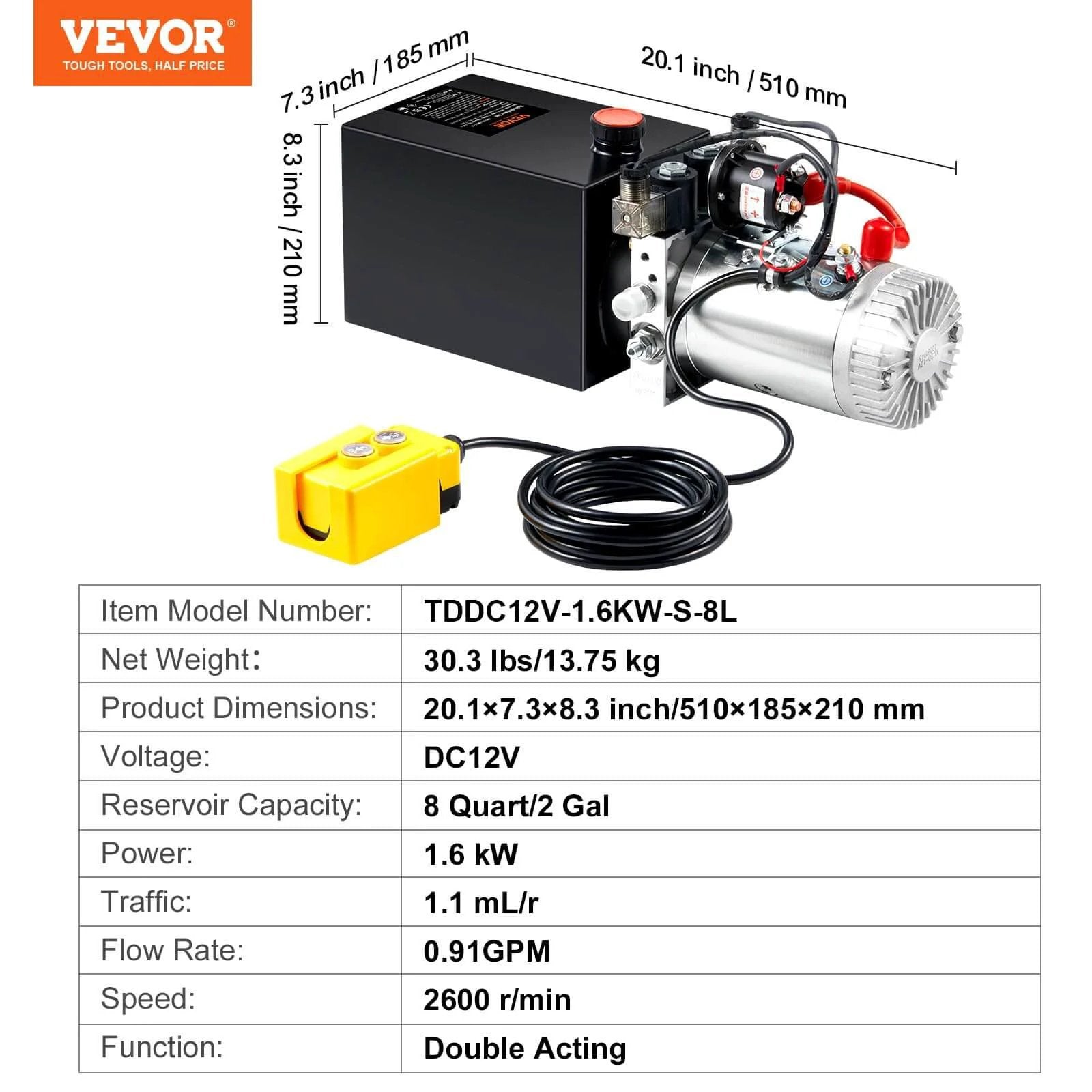 8 Quart Hydraulic Power Unit, Double Acting Dump Trailer Pump, DC 12V with control cable and reservoir dimensions visible
