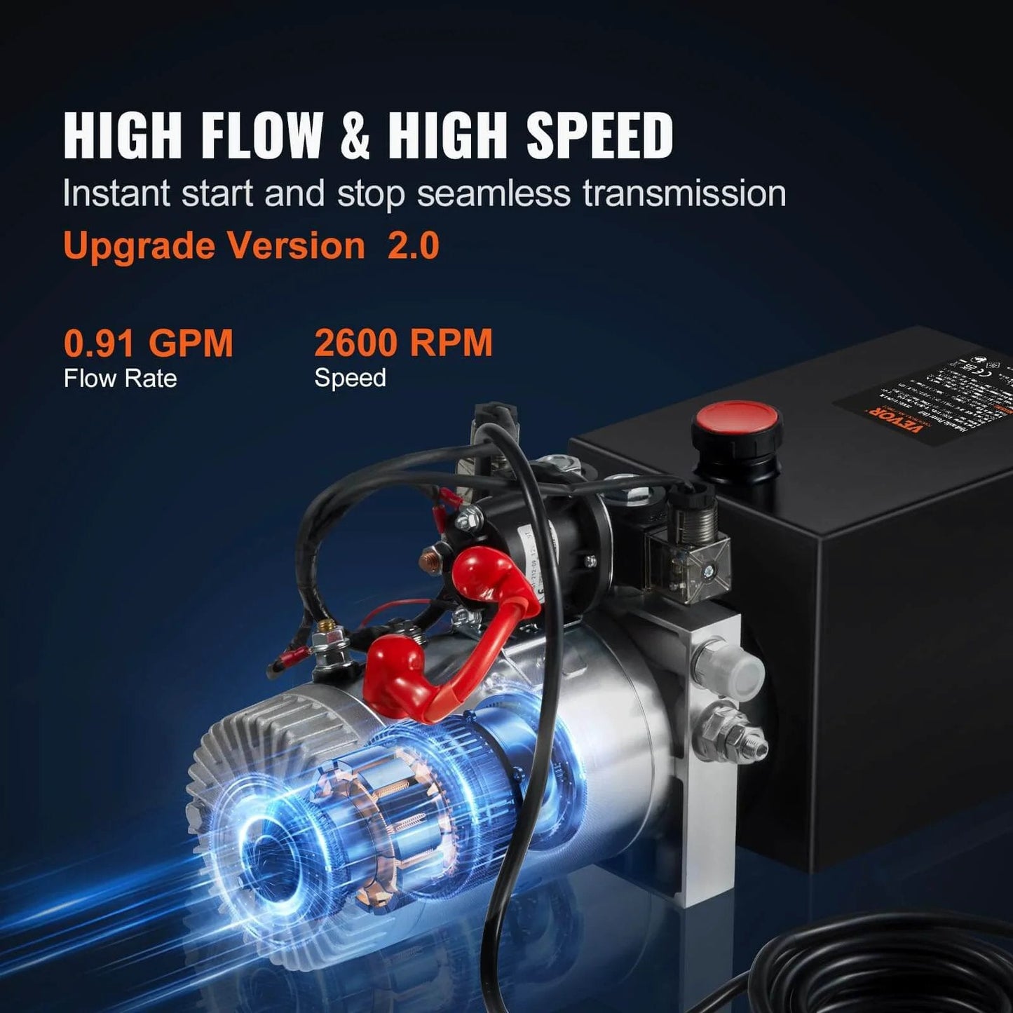 8 Quart Hydraulic Power Unit, Double Acting Dump Trailer Pump, showing high flow and speed, upgrade version 2.0, 0.91 GPM, 2600 RPM
