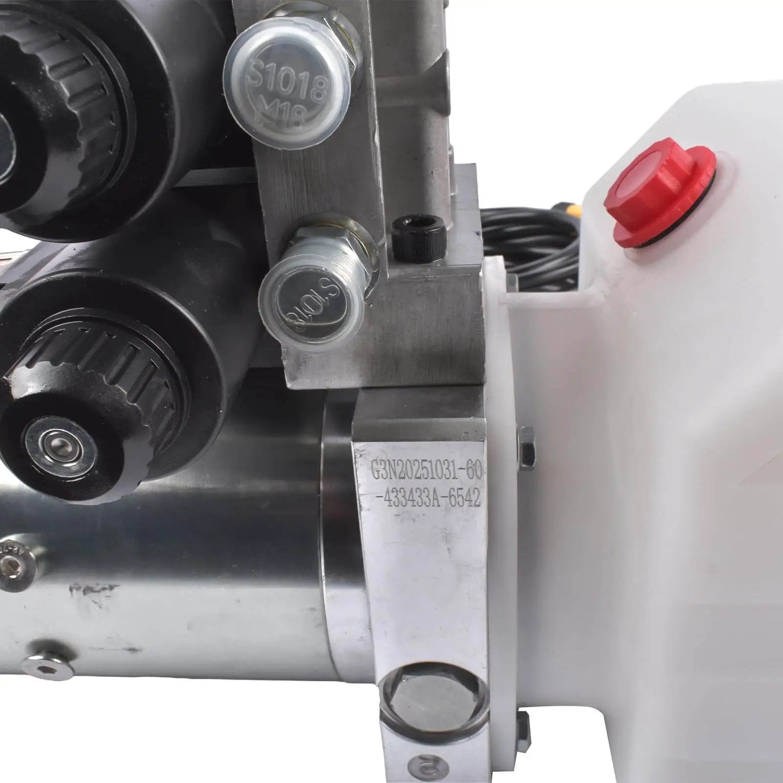 Close-up of Beefy 12V DC Hydraulic Power Unit with 8 Quart Tank, highlighting double acting pump and double solenoid valves