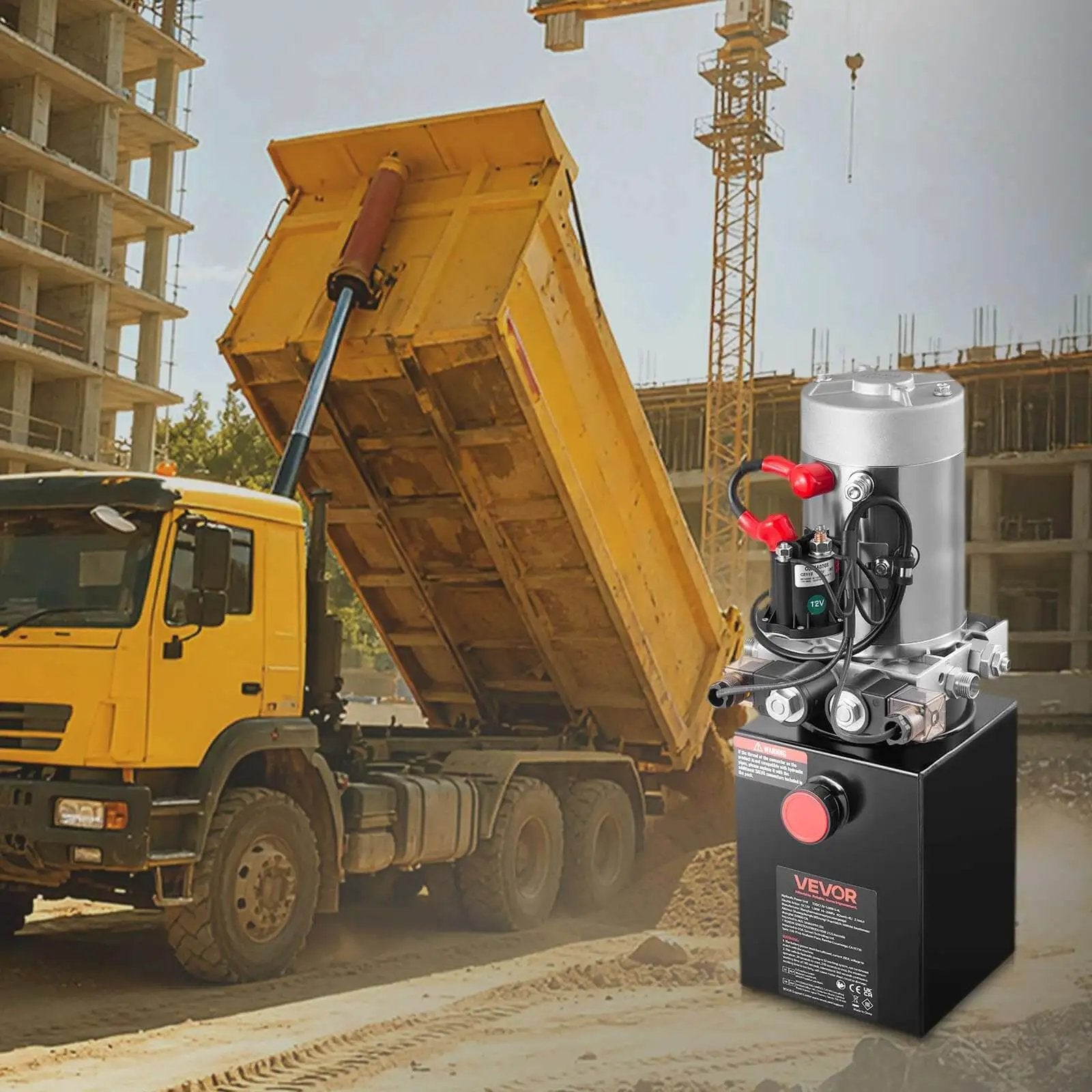 4 Quart DC 12V Hydraulic Power Unit for Dump Trailers With Double Acting Pump, 3200 PSI Max Relief Pressure shown near construction site