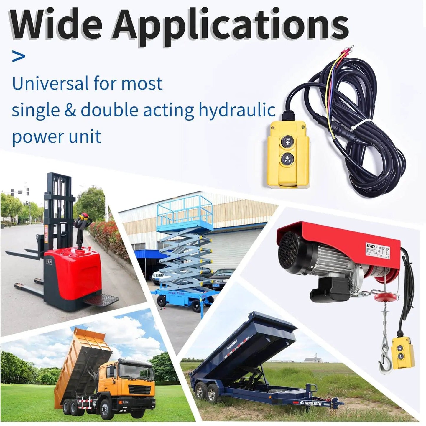 Collage showing 4 Wire Dump Trailer Remote Control Switch Replacement for 12V DC Double Acting Hydraulic Pumps with applications.