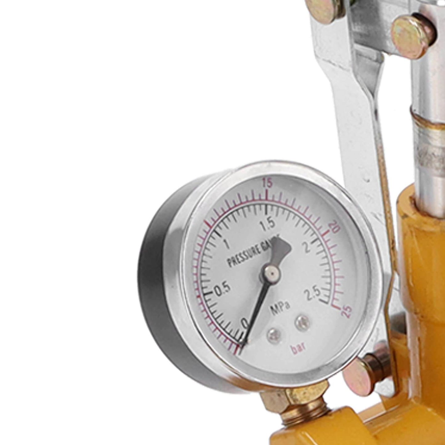 Close-up of a hydraulic gauge on a 362 PSI Pressure Test Pump, Hydraulic Manual Water Pressure Tester Kit for accurate pipeline testing.