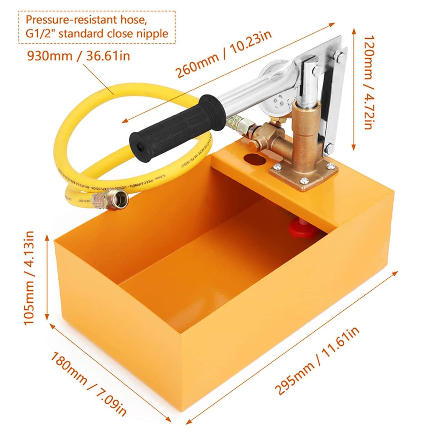 362 PSI Pressure Test Pump, Hydraulic Manual Water Pressure Tester Kit with yellow hose in metal box, side view