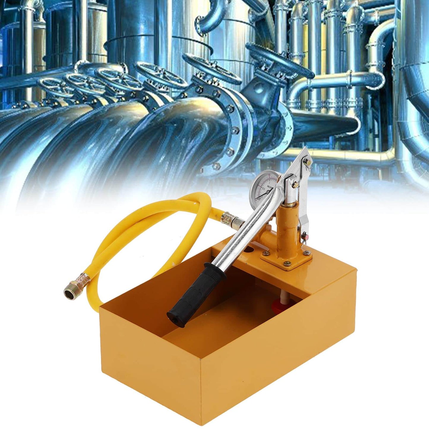 362 PSI Pressure Test Pump, Hydraulic Manual Water Pressure Tester Kit with Gauge and Hose, set against an industrial pipeline background.