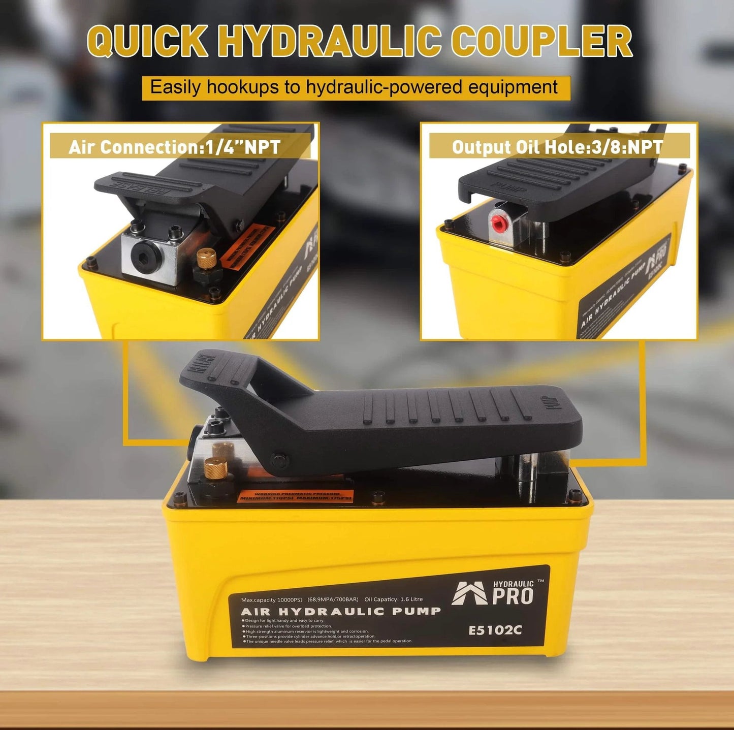 HYDRAULIC PRO 10,000 PSI Air Hydraulic Pump with 1.6L Reservoir, NPT 3/8" Oil Outlet, NPT 1/4" Inlet, Foot Pedal, Yellow