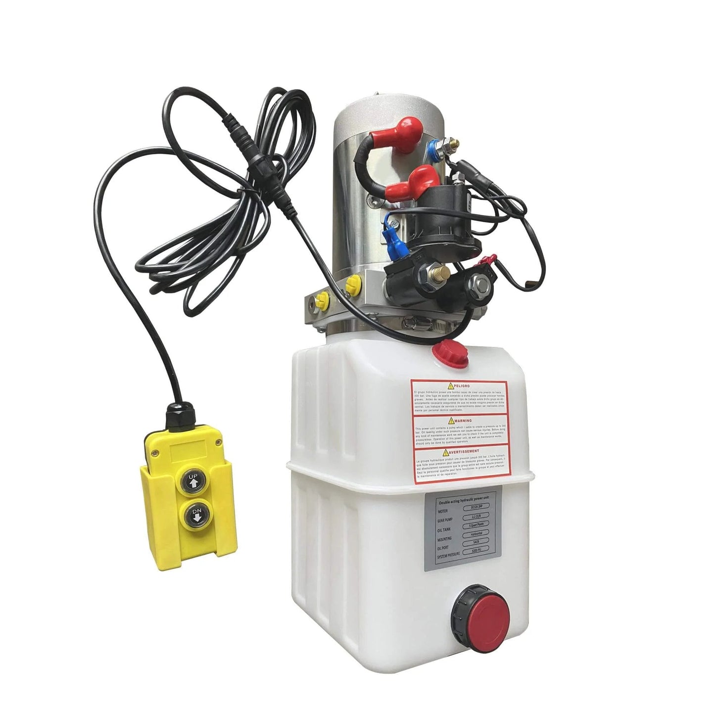 Double Acting Hydraulic Pump 5 Quart Hydraulic Power Unit 12V DC Hydraulic Pump with Plastic Oil Reservoir and SAE#6 Connector.